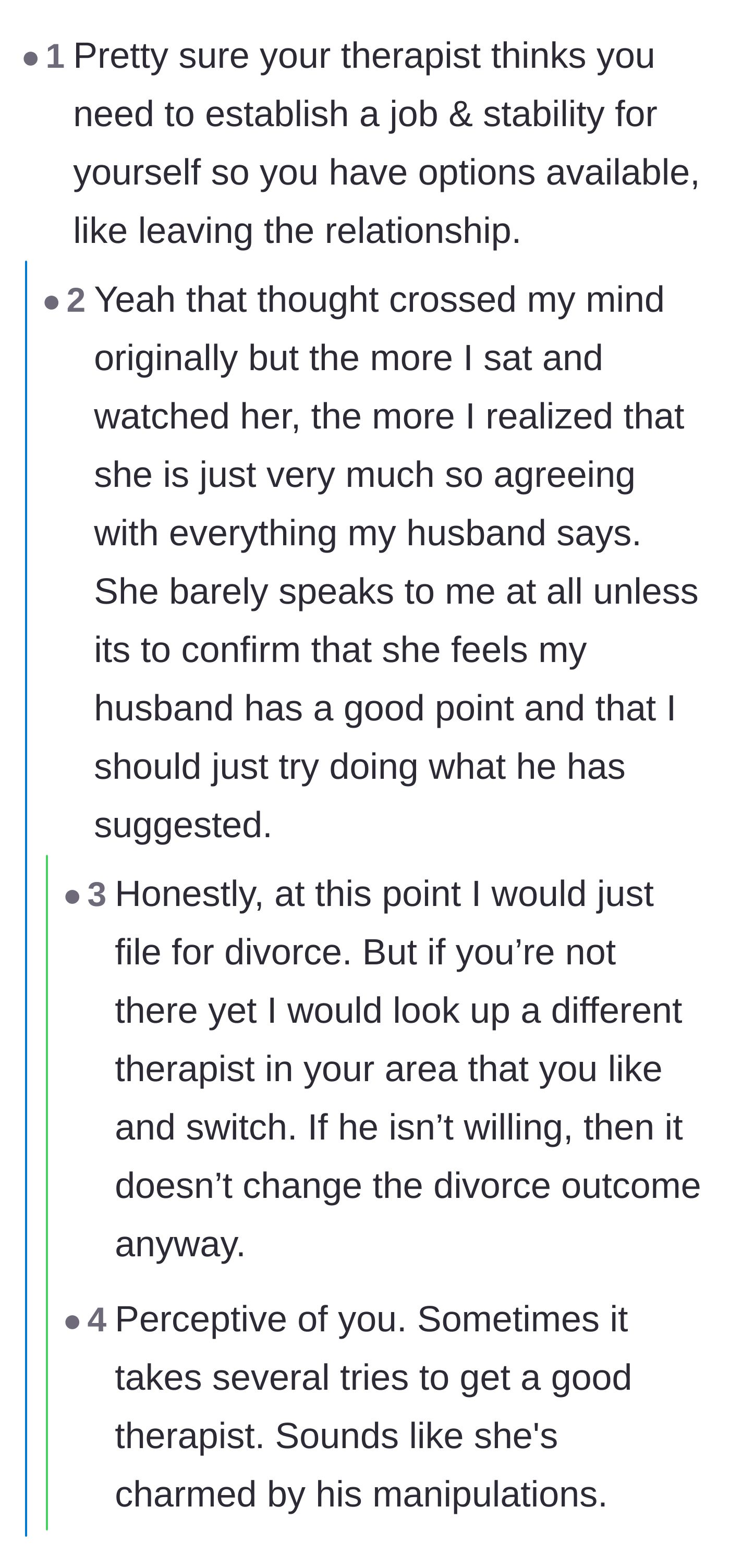Comment thread 5 - Discussing how the young, inexperienced couples therapist was easily charmed and manipulated by the husband.