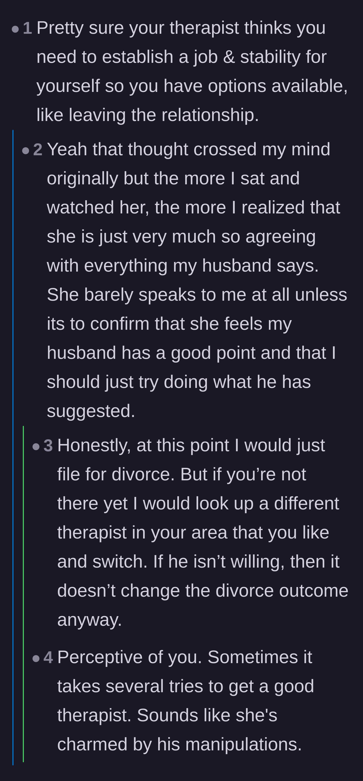 Comment thread 5 - Discussing how the young, inexperienced couples therapist was easily charmed and manipulated by the husband.