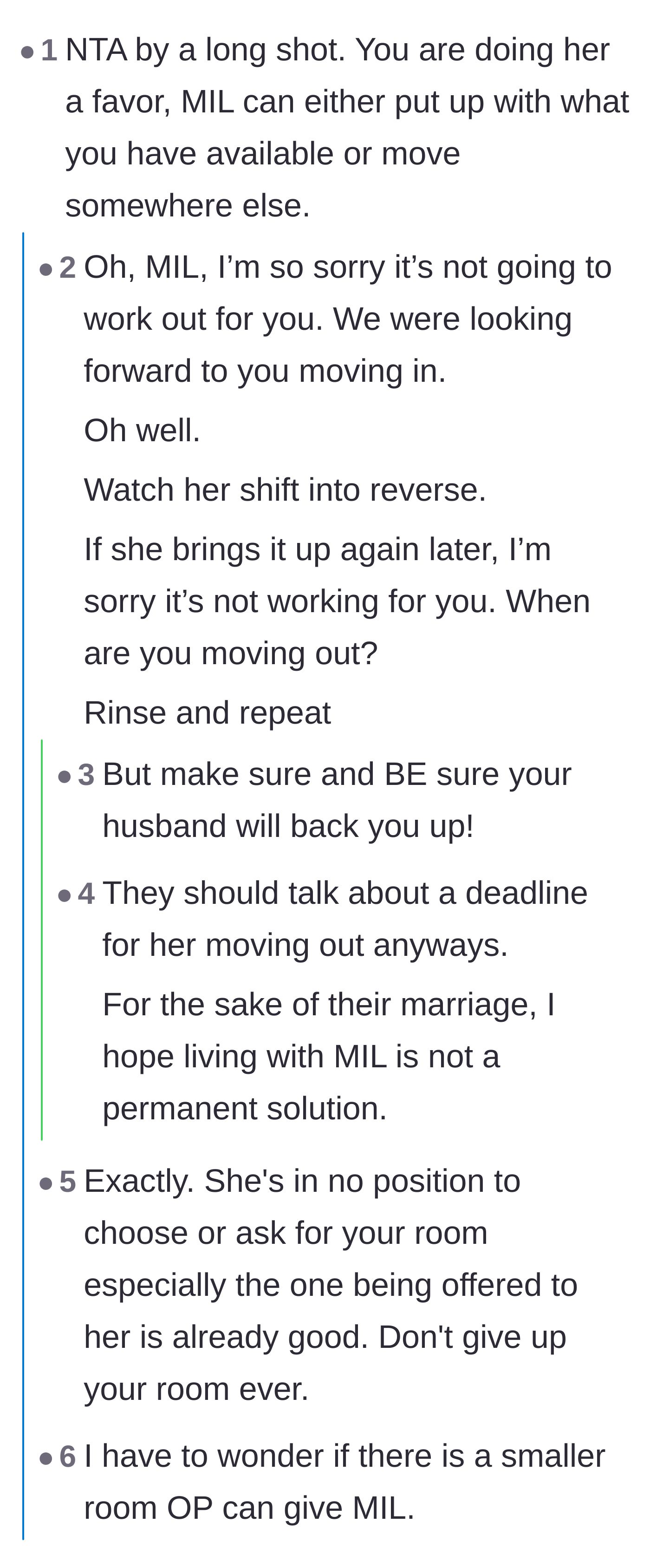 Comment thread 1 - Advice on rehearsing a polite but firm rejection and making the husband take responsibility.