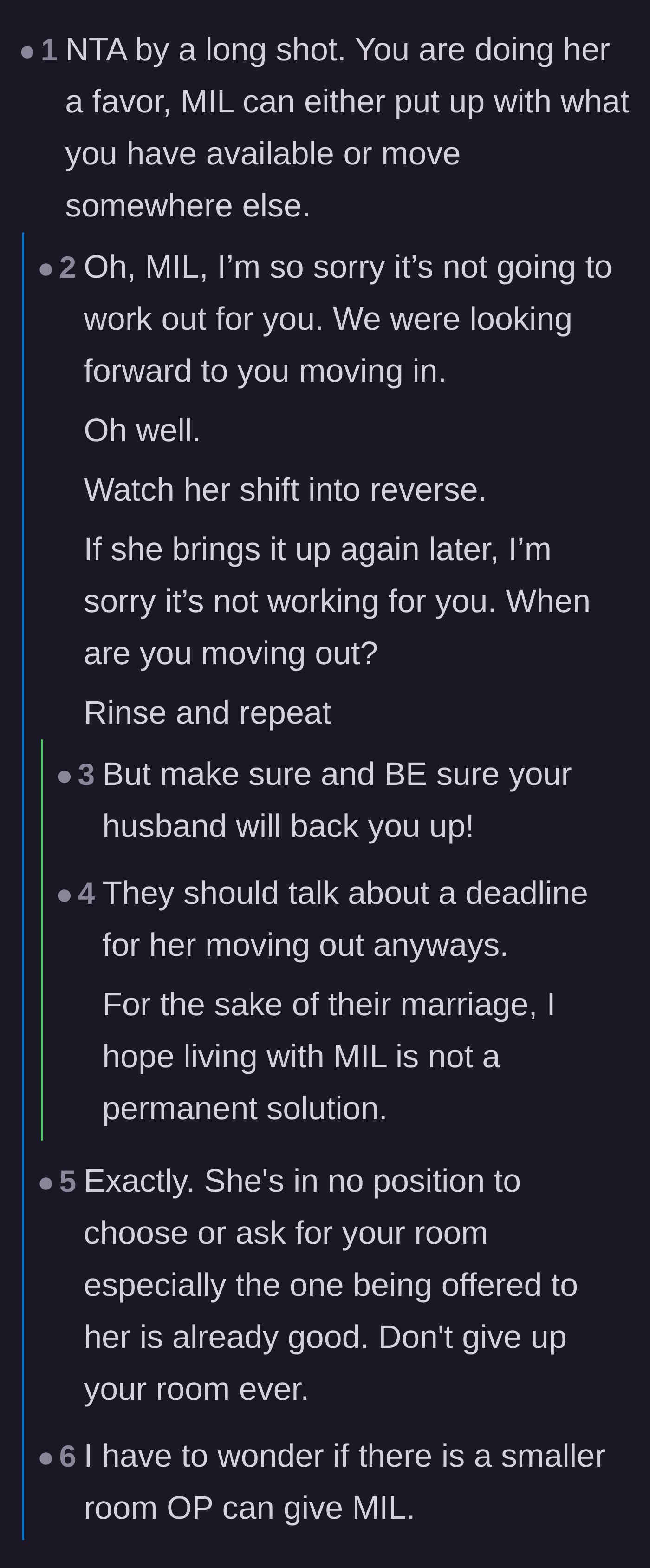 Comment thread 1 - Advice on rehearsing a polite but firm rejection and making the husband take responsibility.