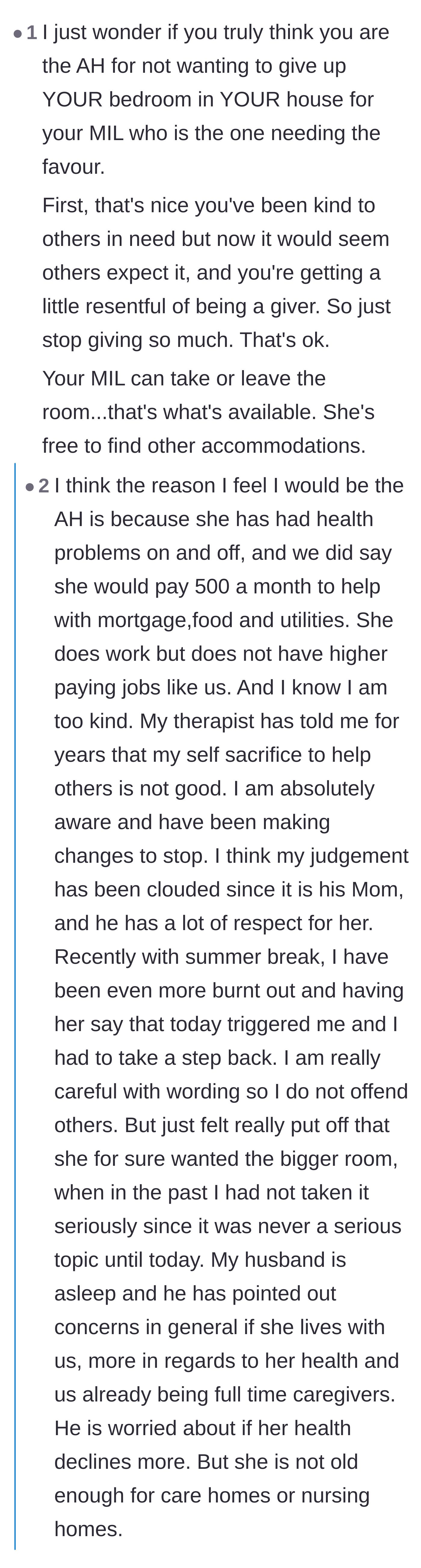 Comment thread 2 - A deep dive into OP's people-pleasing habits and a wake-up call about being bullied rather than helpful.