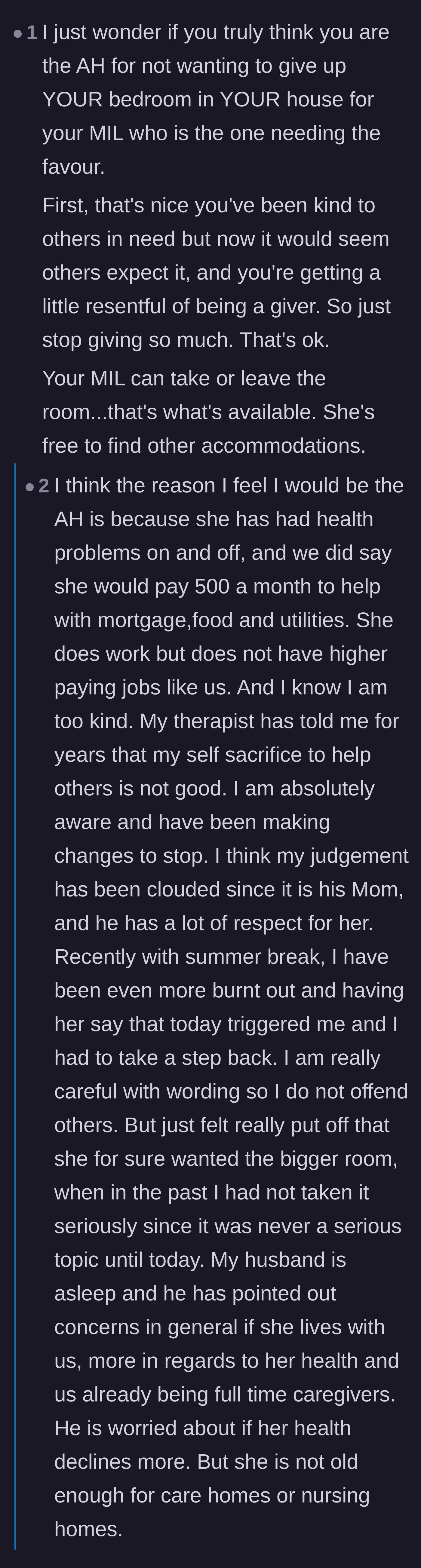 Comment thread 2 - A deep dive into OP's people-pleasing habits and a wake-up call about being bullied rather than helpful.