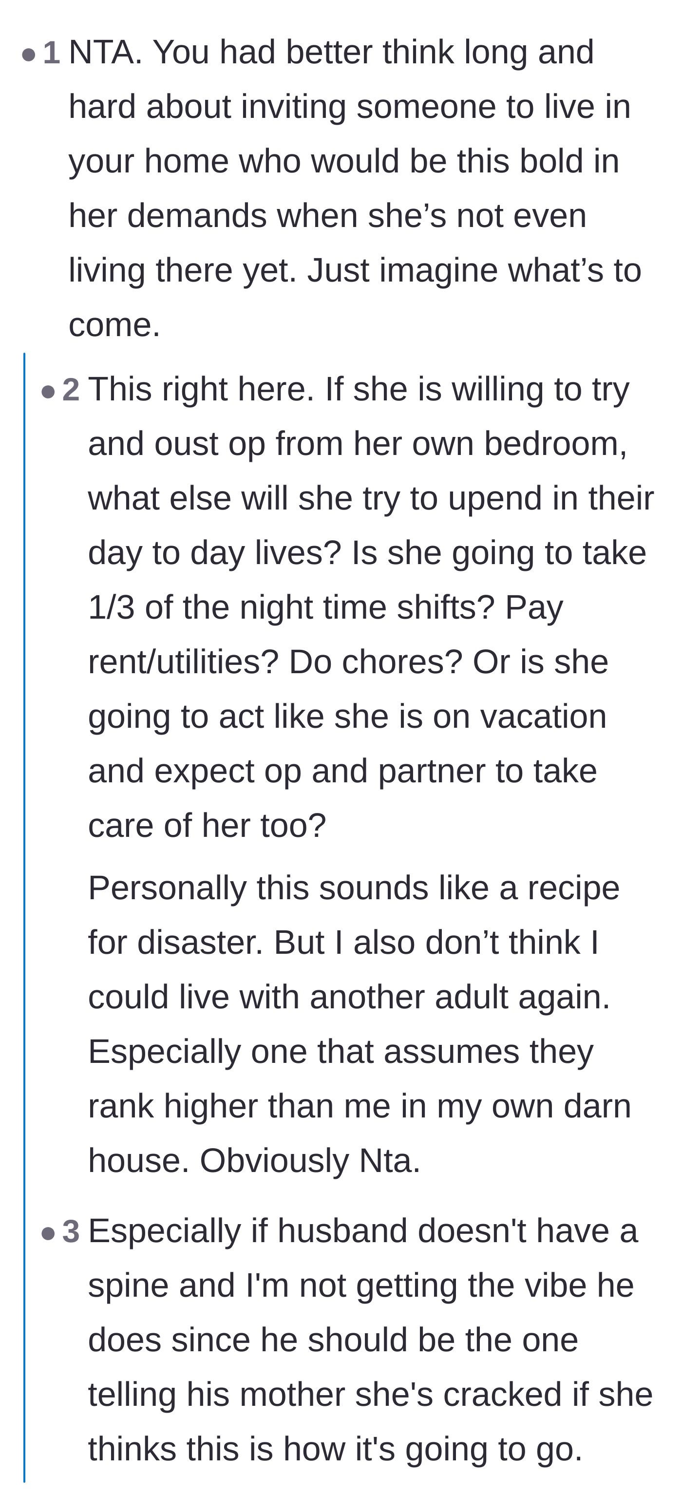 Comment thread 3 - Warnings about how the mother-in-law's early demands are a huge red flag for a permanent hostile takeover.