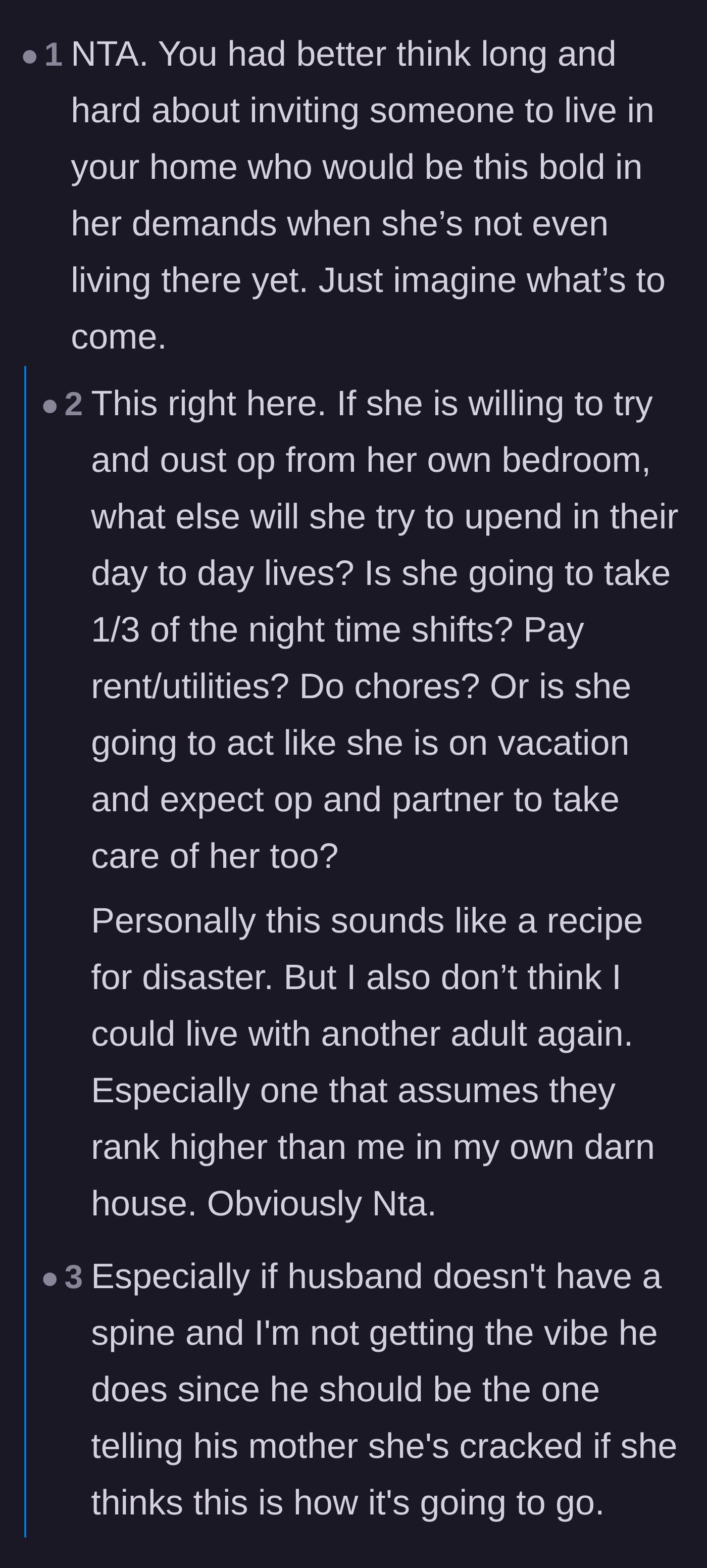 Comment thread 3 - Warnings about how the mother-in-law's early demands are a huge red flag for a permanent hostile takeover.