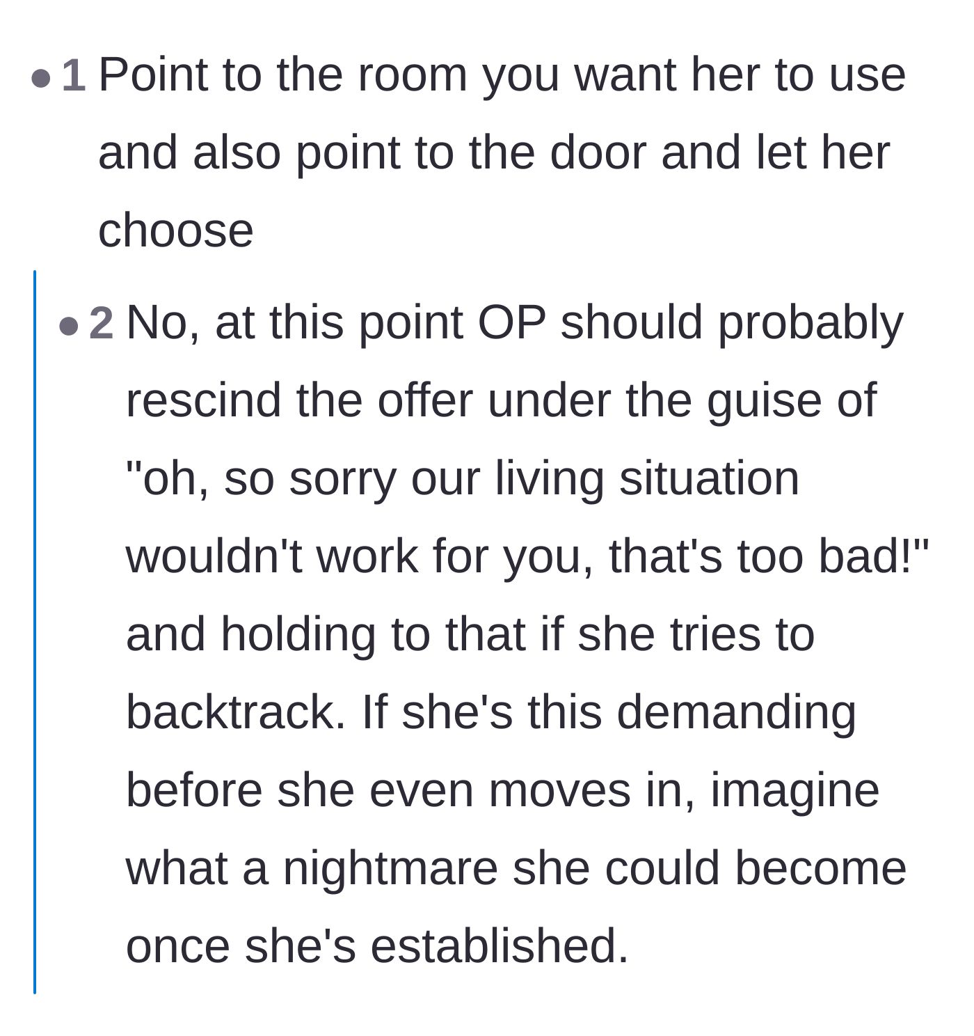 Comment thread 6 - A suggestion to give the mother-in-law a blunt ultimatum between the available room or the front door.