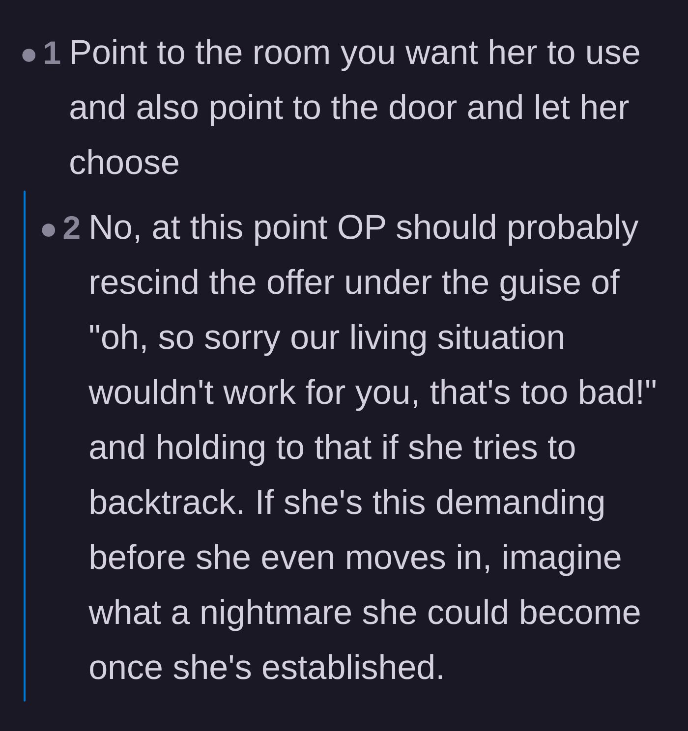 Comment thread 6 - A suggestion to give the mother-in-law a blunt ultimatum between the available room or the front door.