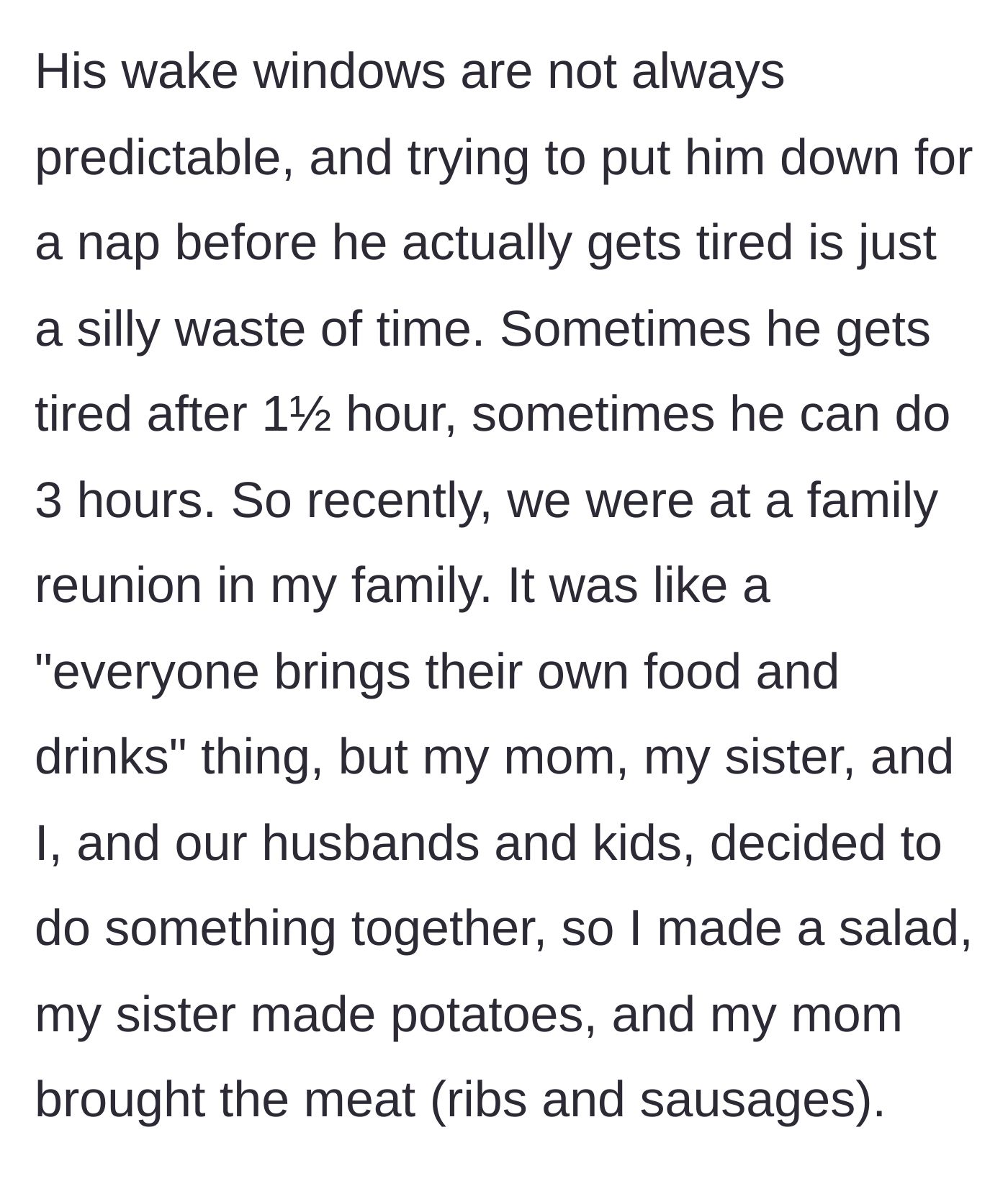 Story part 2 - The family plans a potluck reunion where the mom makes a salad and her mother brings ribs.