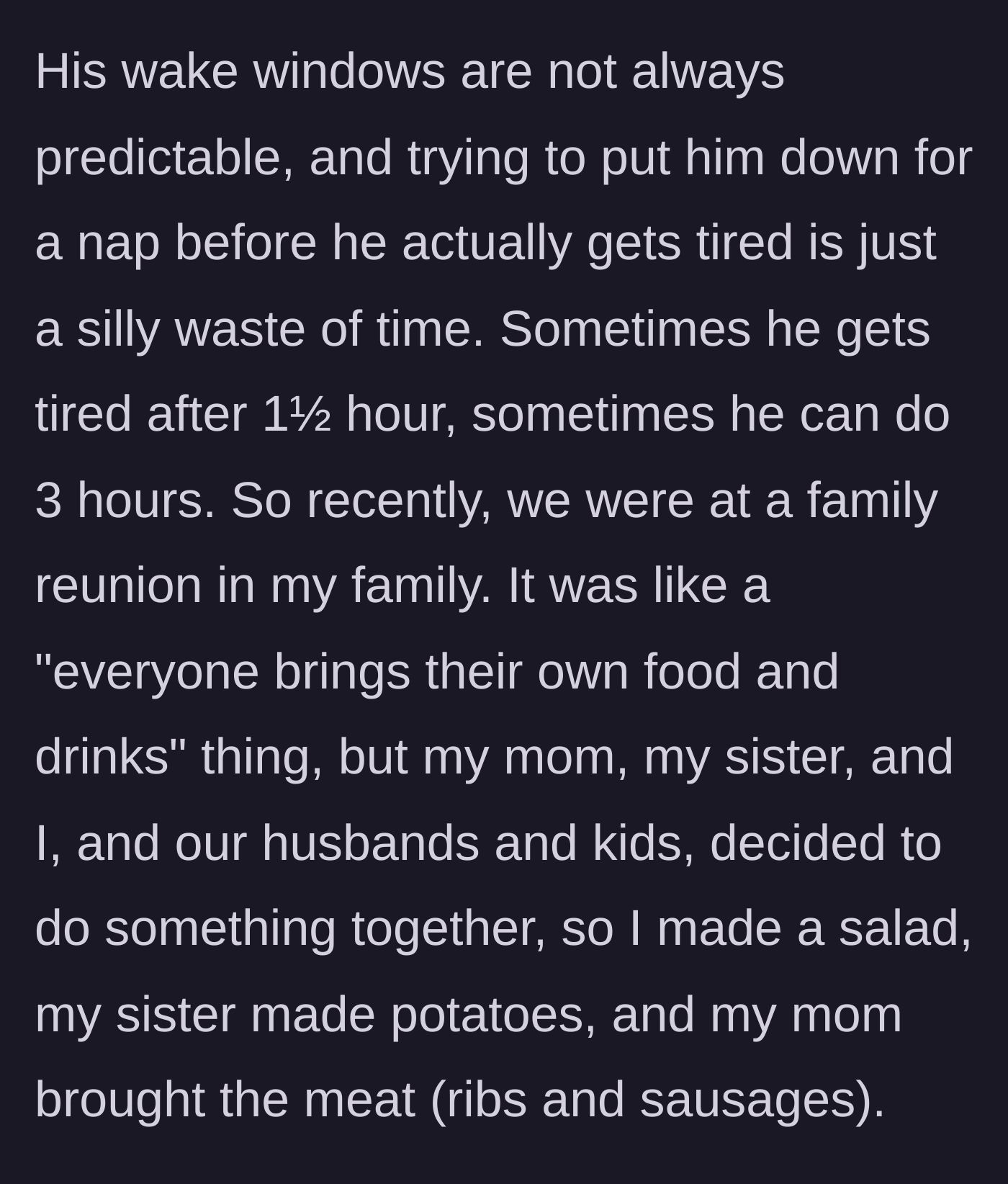 Story part 2 - The family plans a potluck reunion where the mom makes a salad and her mother brings ribs.