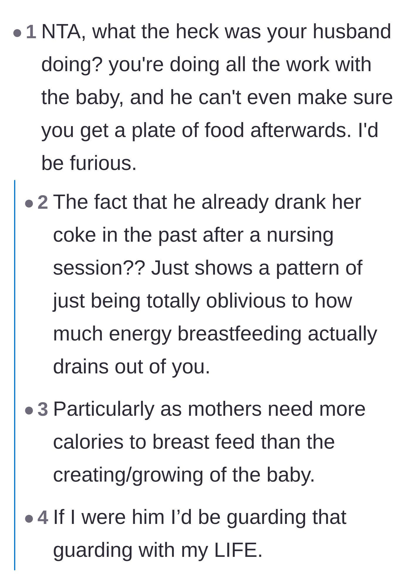Comment thread 1 - Commenters expressing outrage over the husband's pattern of oblivious behavior and how breastfeeding drains a mother's energy.