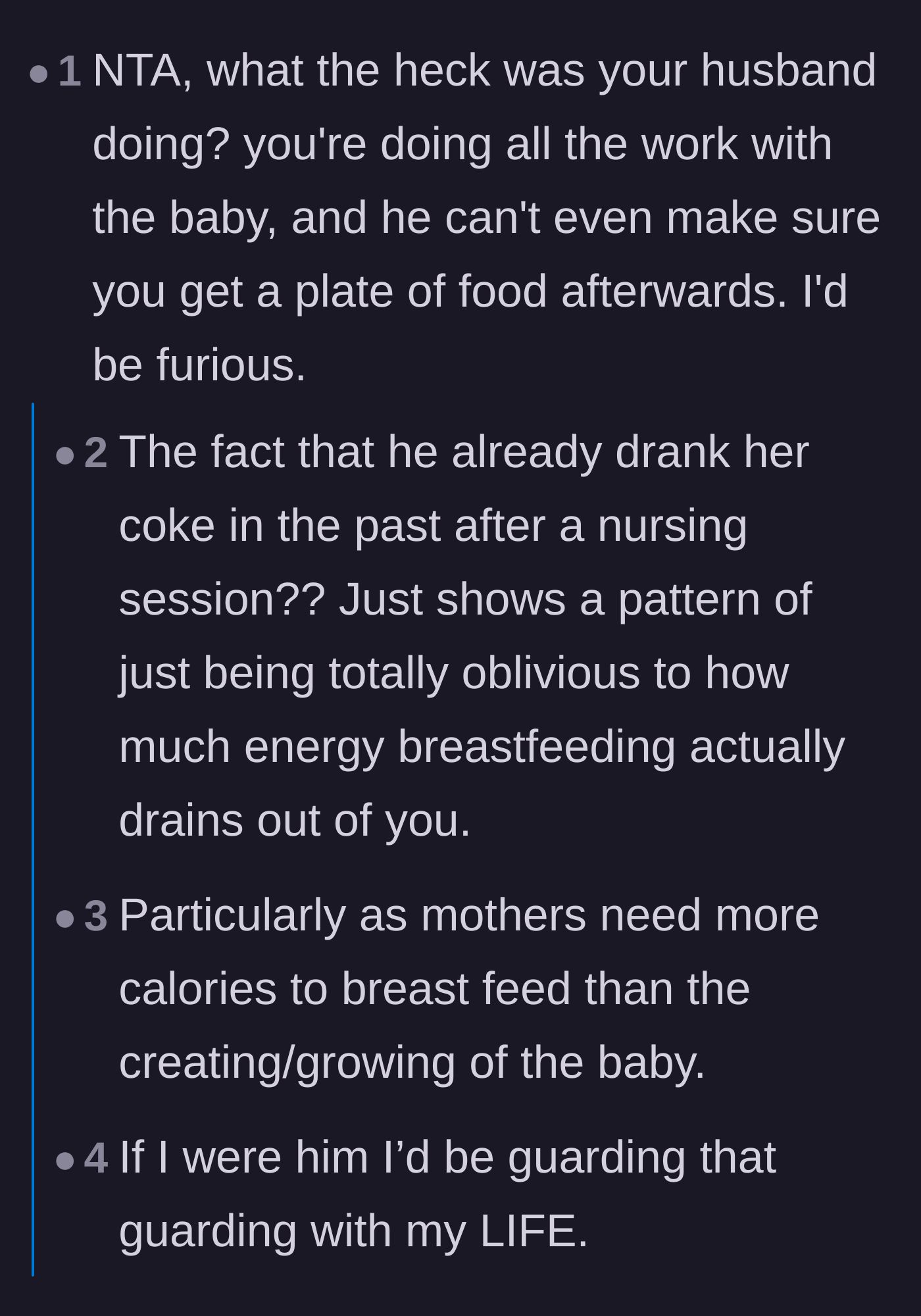 Comment thread 1 - Commenters expressing outrage over the husband's pattern of oblivious behavior and how breastfeeding drains a mother's energy.