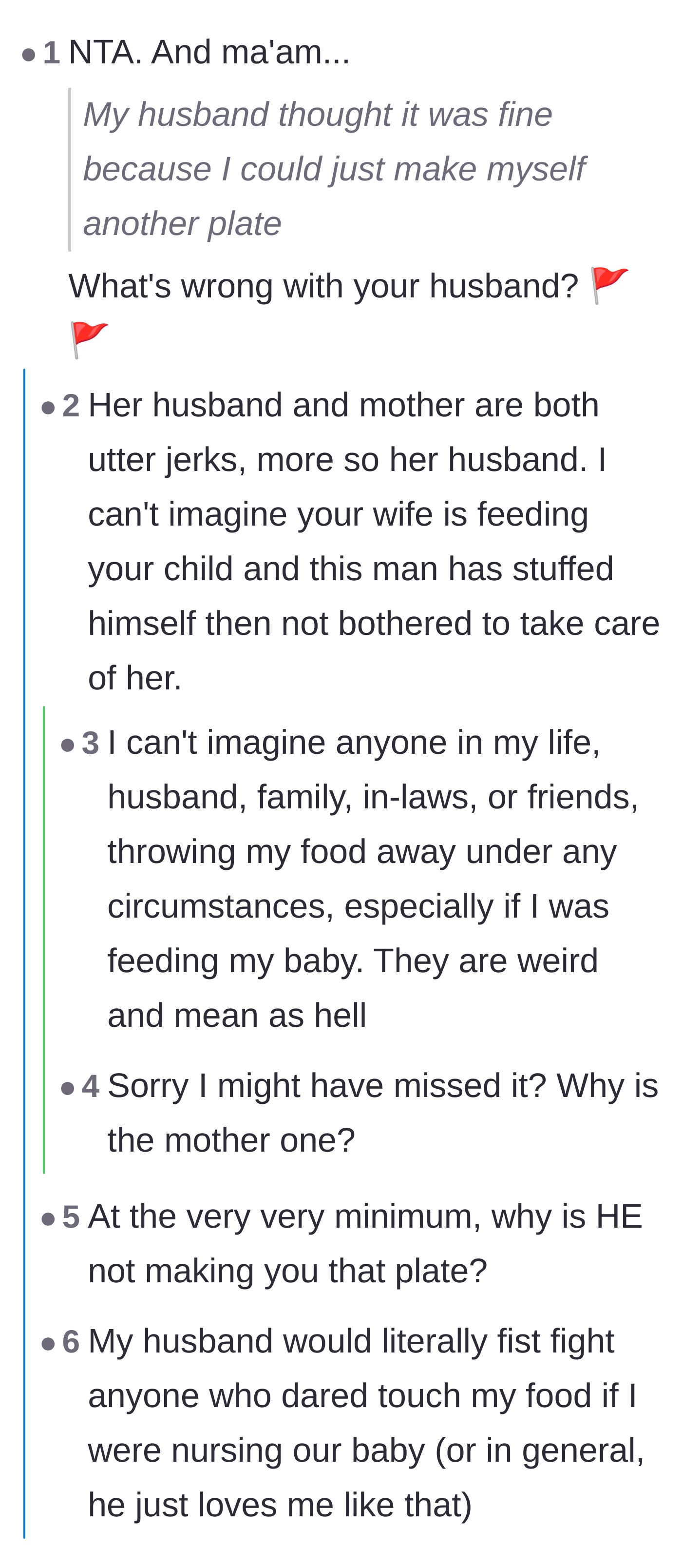 Comment thread 2 - A thread debating the husband's excuses and comparing his lack of support to partners who actually help their wives.