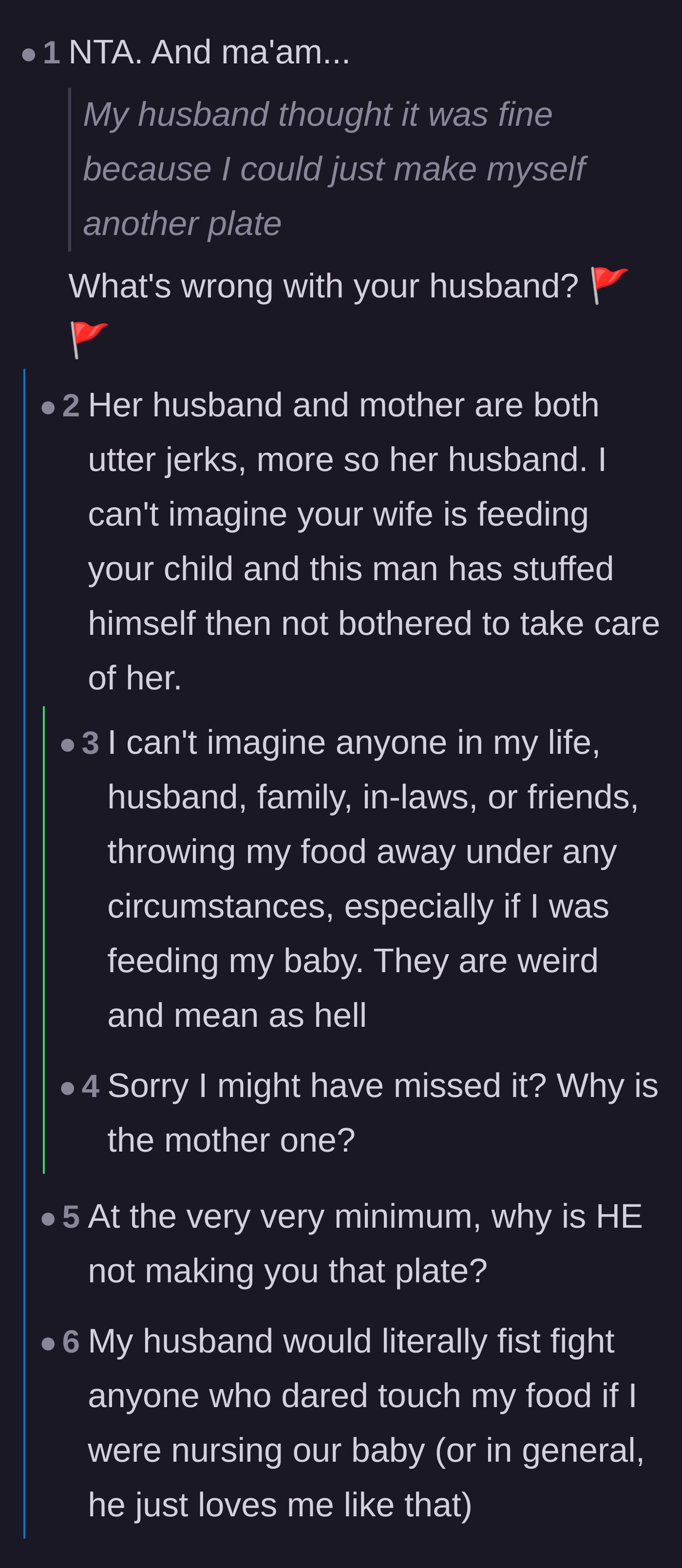 Comment thread 2 - A thread debating the husband's excuses and comparing his lack of support to partners who actually help their wives.