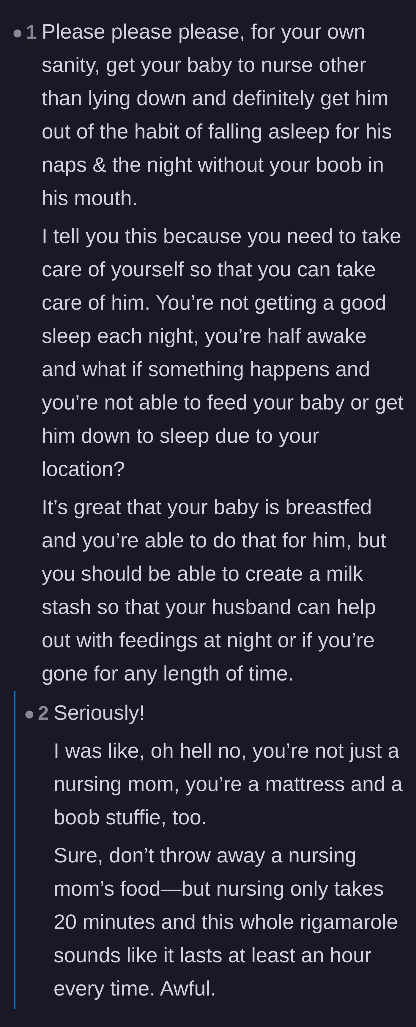 Comment thread 3 - Readers giving advice to the mother about changing her baby's sleep habits to save her own sanity and physical health.