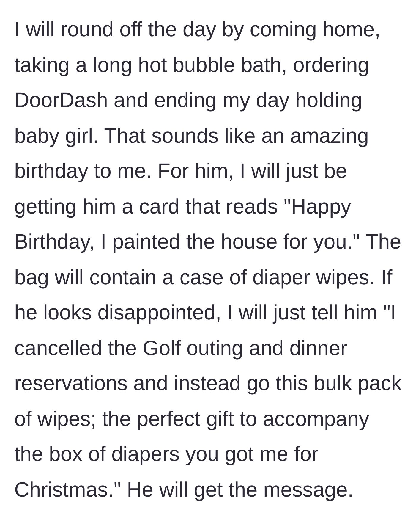 Story part 10 - The wife's planned relaxing evening and the diaper wipes gift reveal.