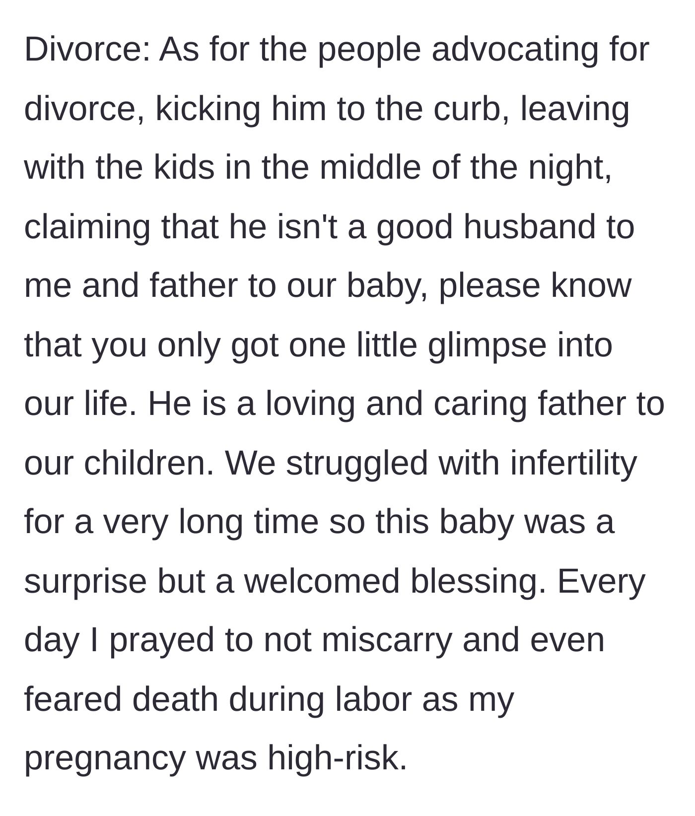 Story part 11 - The wife defending her husband against internet commenters suggesting divorce.