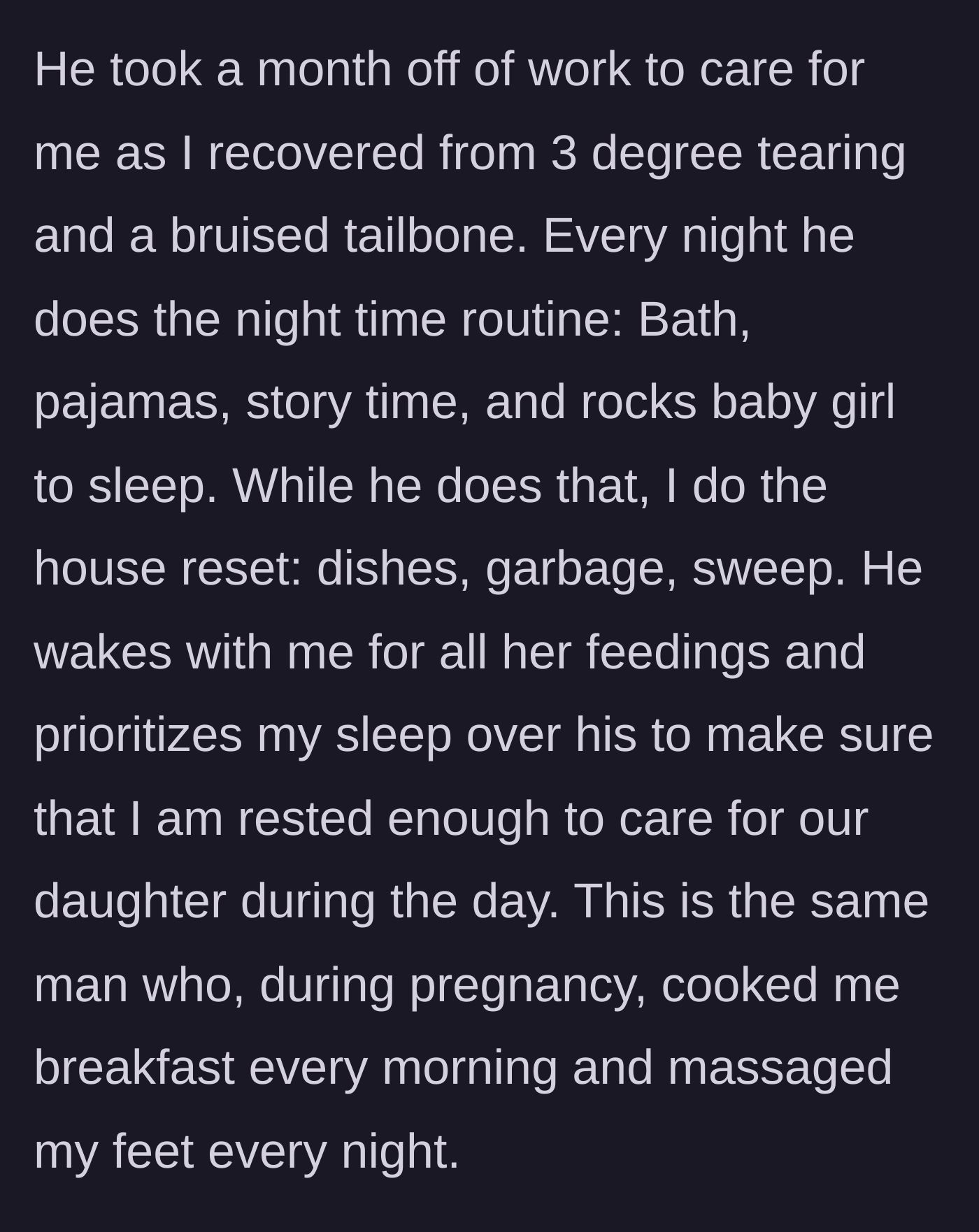 Story part 12 - The husband's attentive care during her high-risk pregnancy and postpartum recovery.
