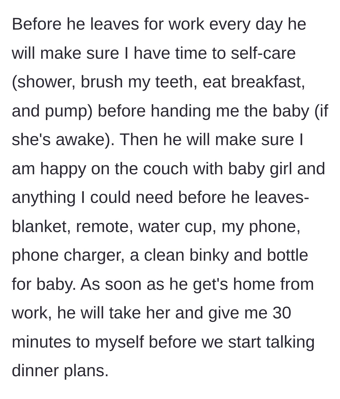 Story part 13 - The husband's daily morning routine of prioritizing his wife's self-care and comfort.