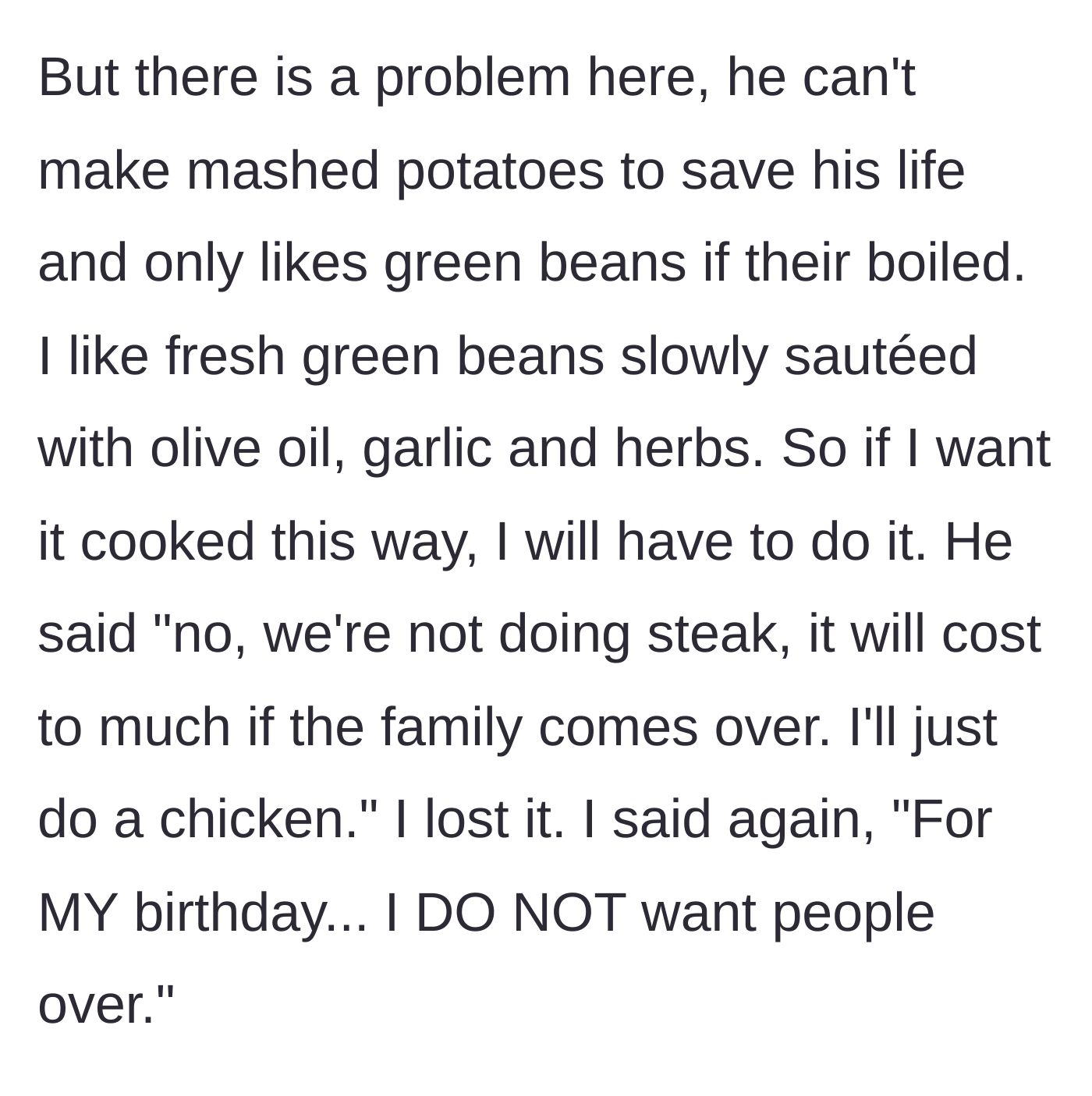 Story part 6 - Husband refusing a steak dinner because it costs too much for his family.