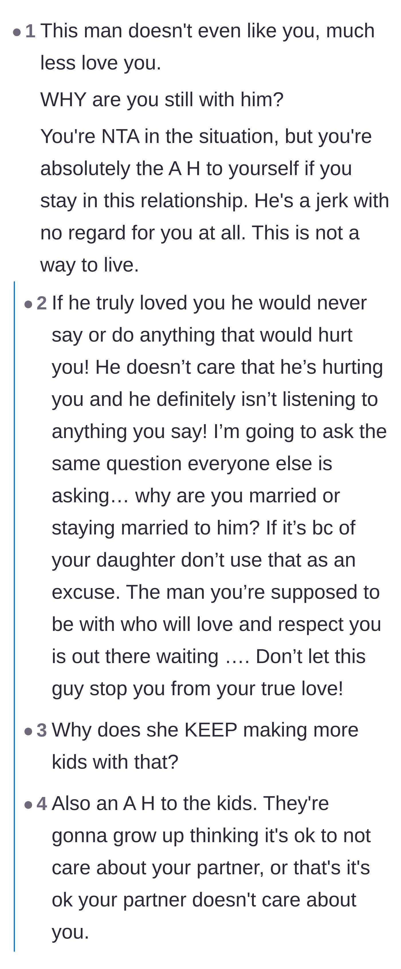 Comment thread 3 - Users aggressively debating whether this relationship is worth saving or if she needs to run.