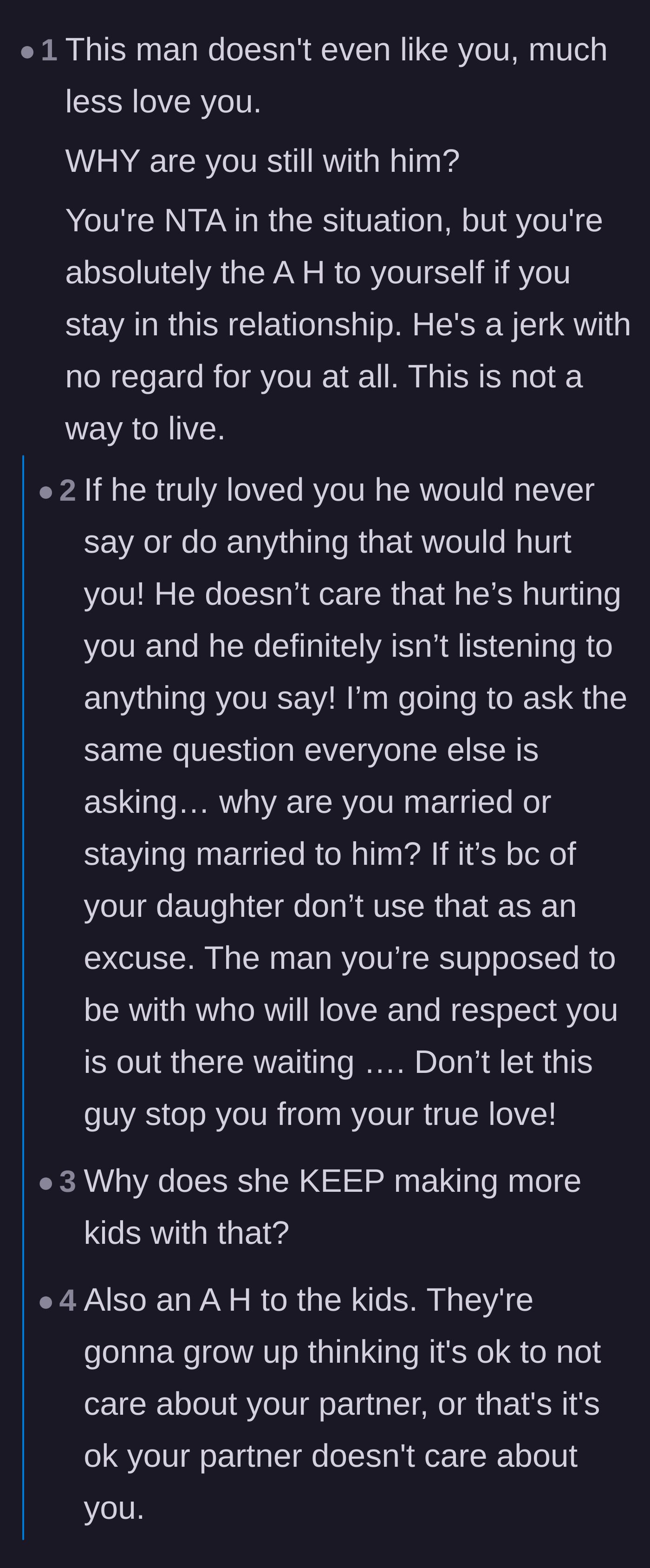 Comment thread 3 - Users aggressively debating whether this relationship is worth saving or if she needs to run.