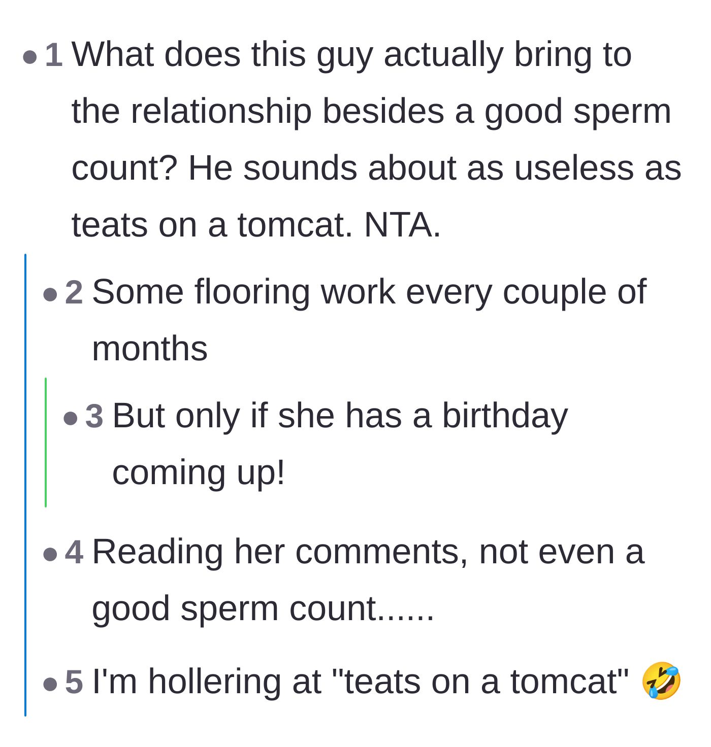 Comment thread 4 - Commenters using colorful idioms to mock the husband's lackluster contributions to the marriage.