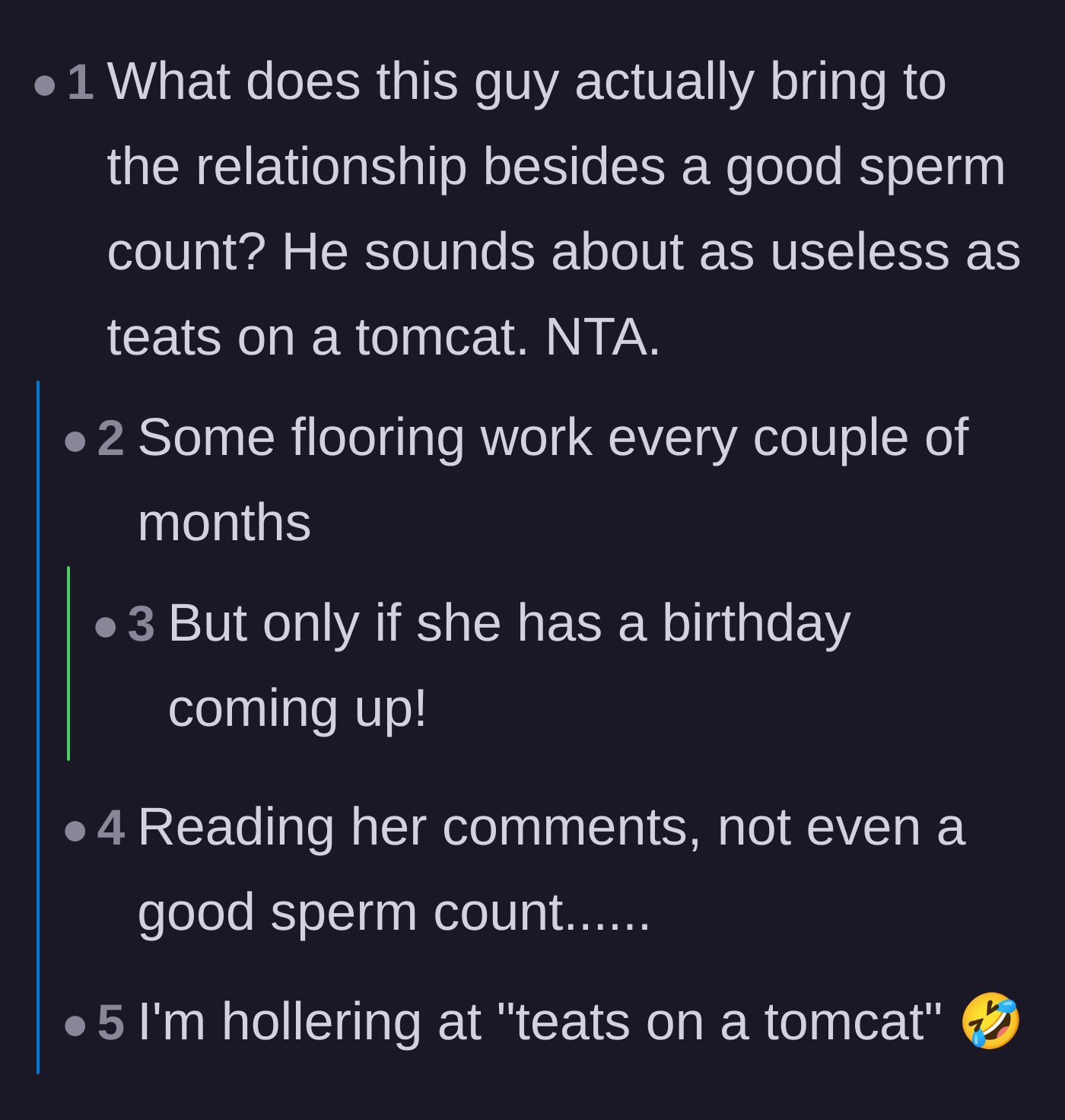 Comment thread 4 - Commenters using colorful idioms to mock the husband's lackluster contributions to the marriage.