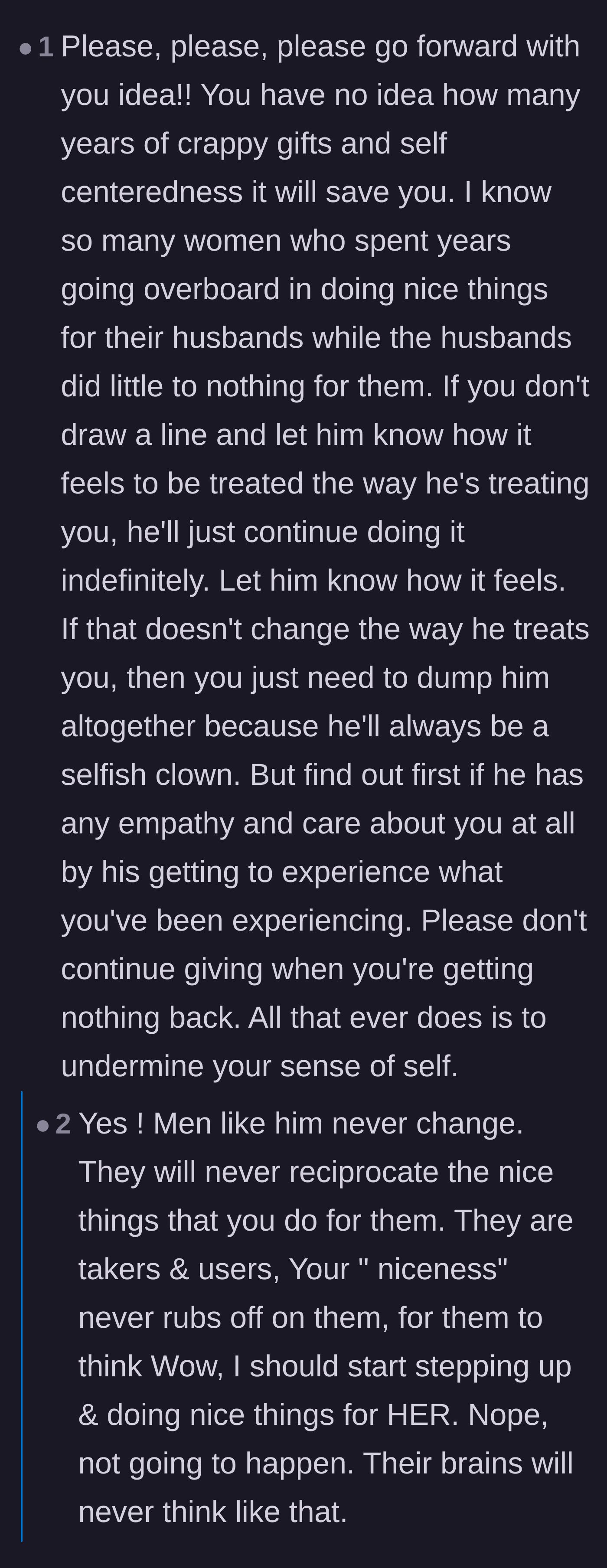 Comment thread 6 - A deep warning about how over-giving to a selfish partner will completely erode your sense of self.