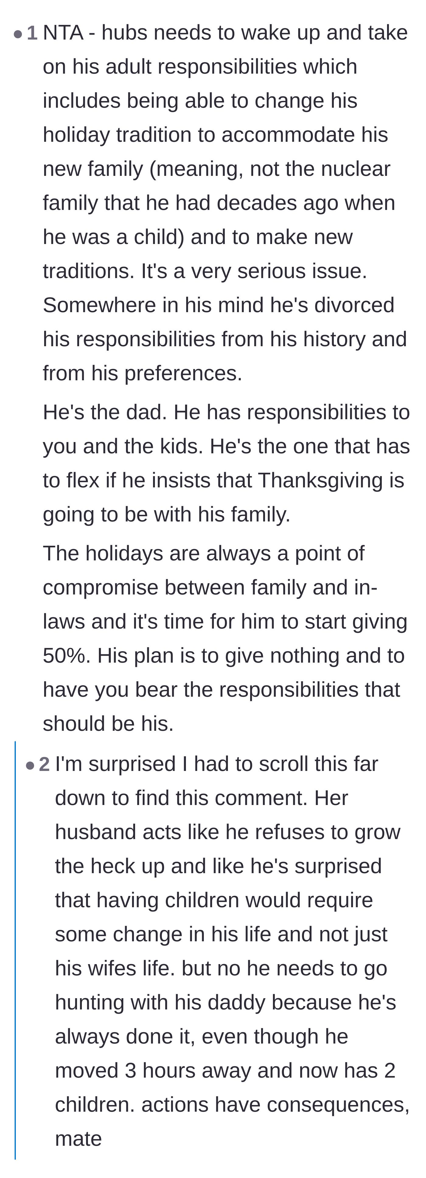 Comment thread 3 - Discussion about men expecting their lives to remain unchanged after children, including a detail about him hunting while she was heavily pregnant.