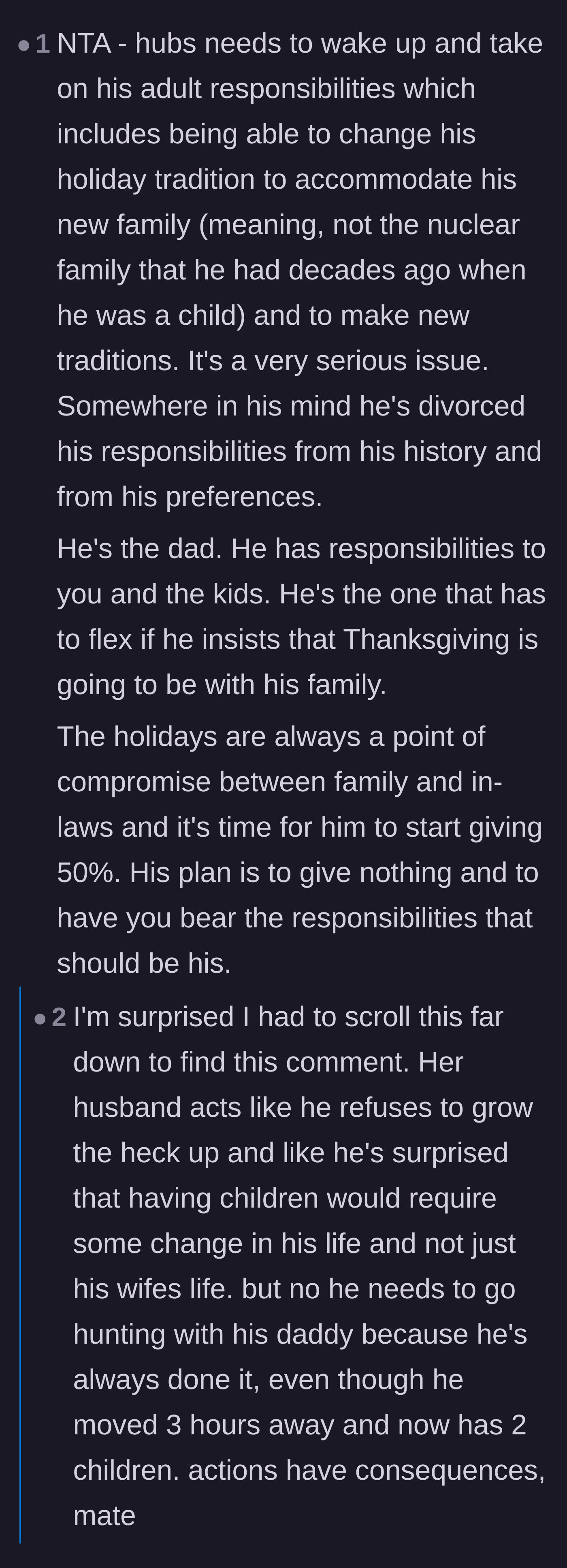 Comment thread 3 - Discussion about men expecting their lives to remain unchanged after children, including a detail about him hunting while she was heavily pregnant.