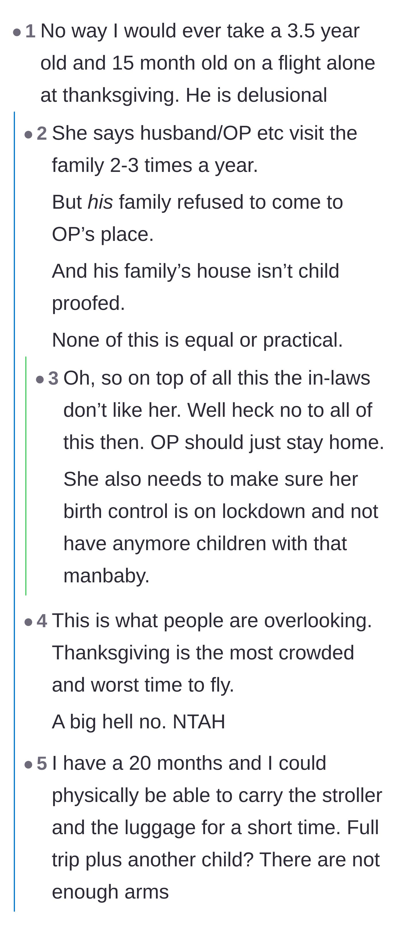 Comment thread 4 - Highlighting the nightmare of flying during Thanksgiving and pointing out the in-laws' complete lack of effort.
