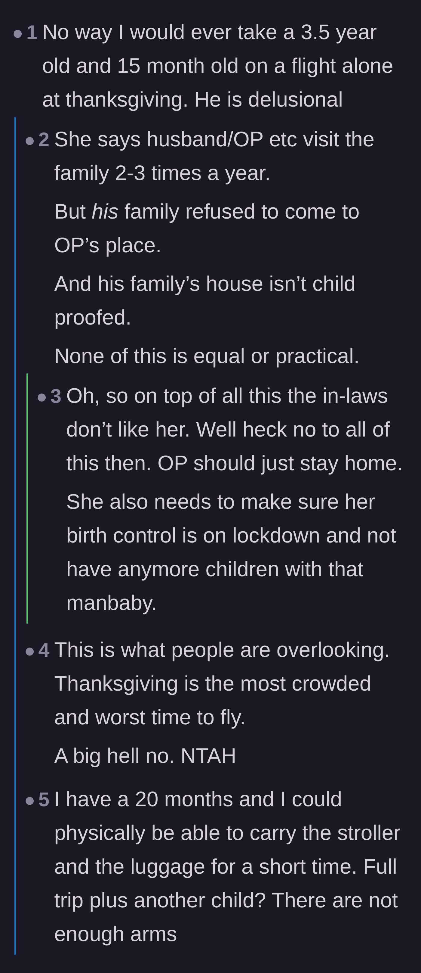 Comment thread 4 - Highlighting the nightmare of flying during Thanksgiving and pointing out the in-laws' complete lack of effort.
