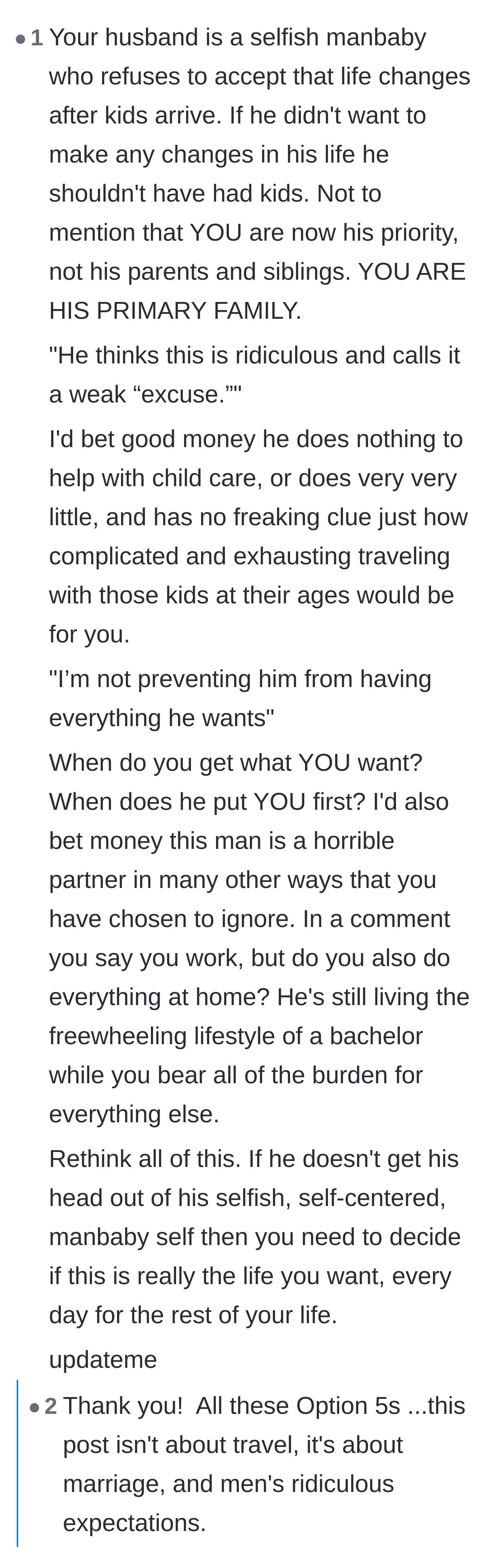 Comment thread 6 - Calling the husband a selfish manbaby who weaponizes traditional family values.