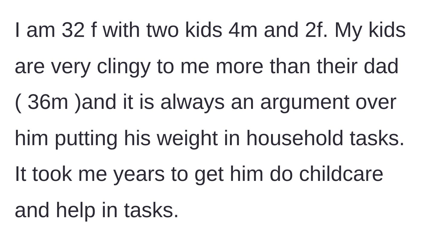 Story part 1 - A brief introduction of a mother struggling with a husband who refuses to do his fair share of childcare.