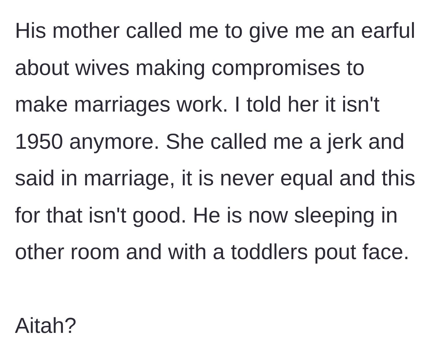 Story part 4 - The mother-in-law calling to scold the wife, resulting in the wife shutting her down and the husband pouting.