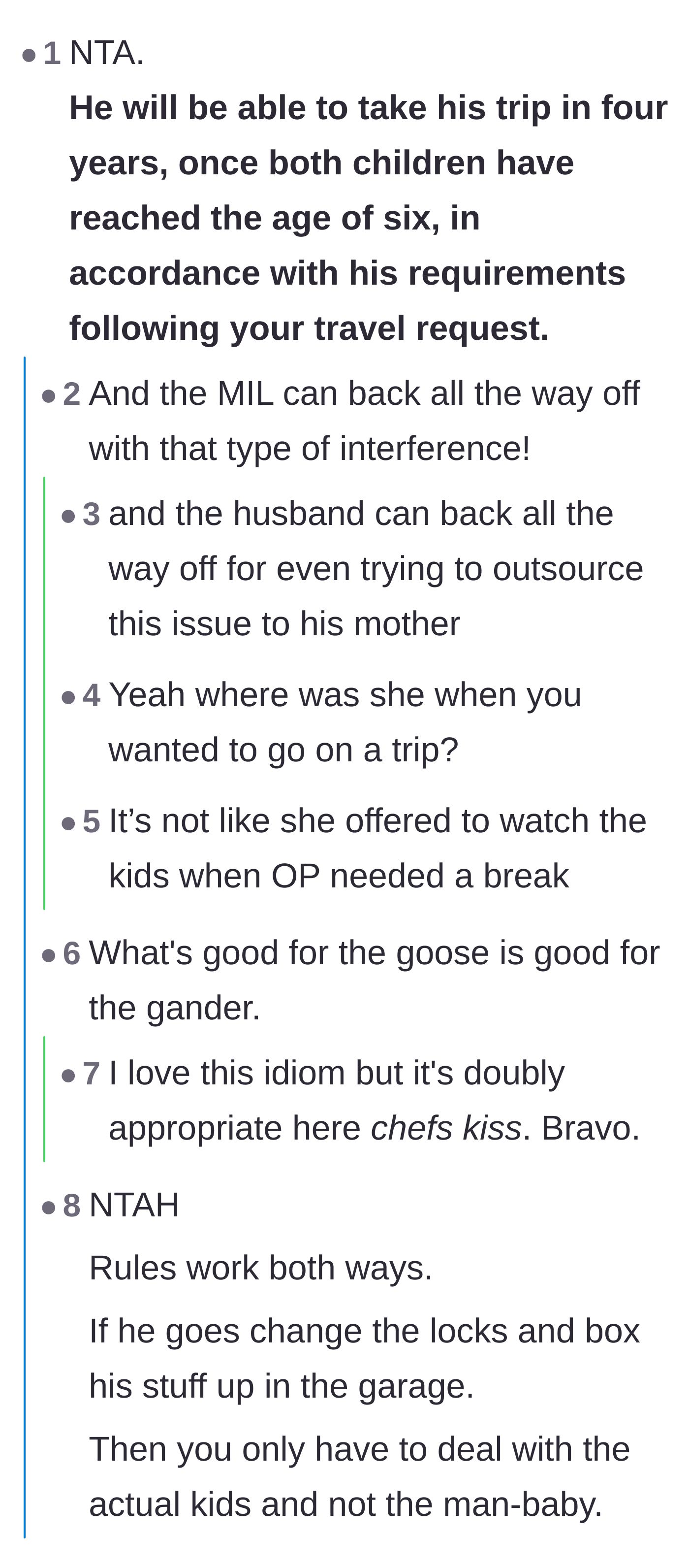 Comment thread 1 - Readers mocking the husband for running to his mother and suggesting 50-50 custody would force him to finally parent.