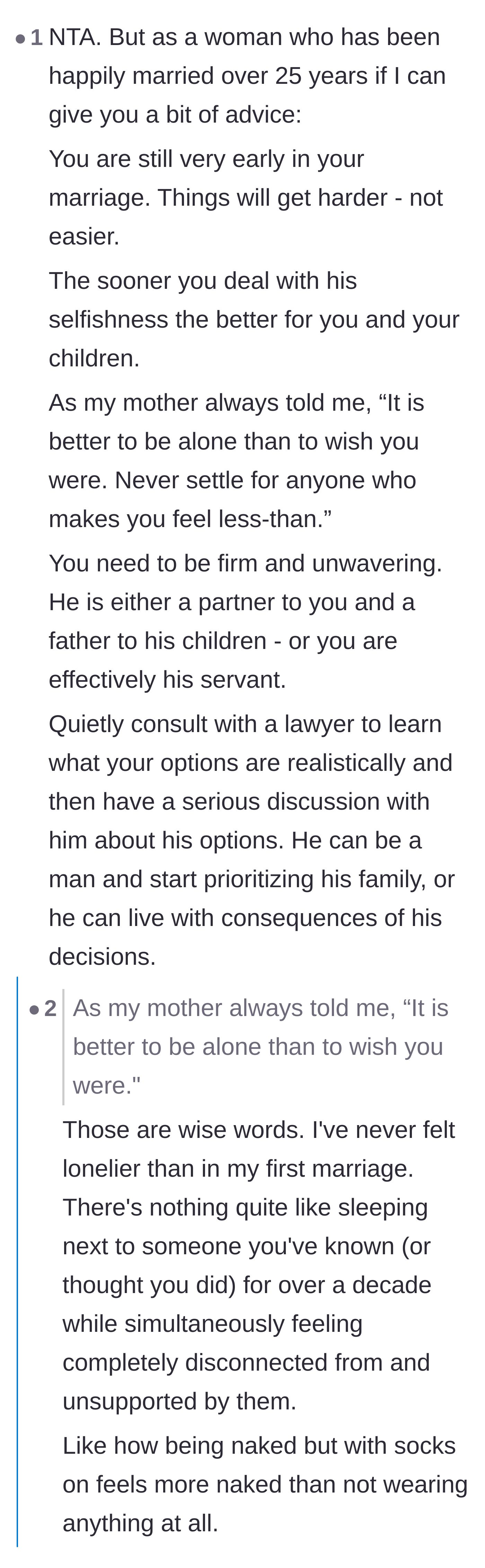 Comment thread 5 - A veteran wife giving heartfelt advice about not settling for a marriage that makes you feel profoundly lonely.