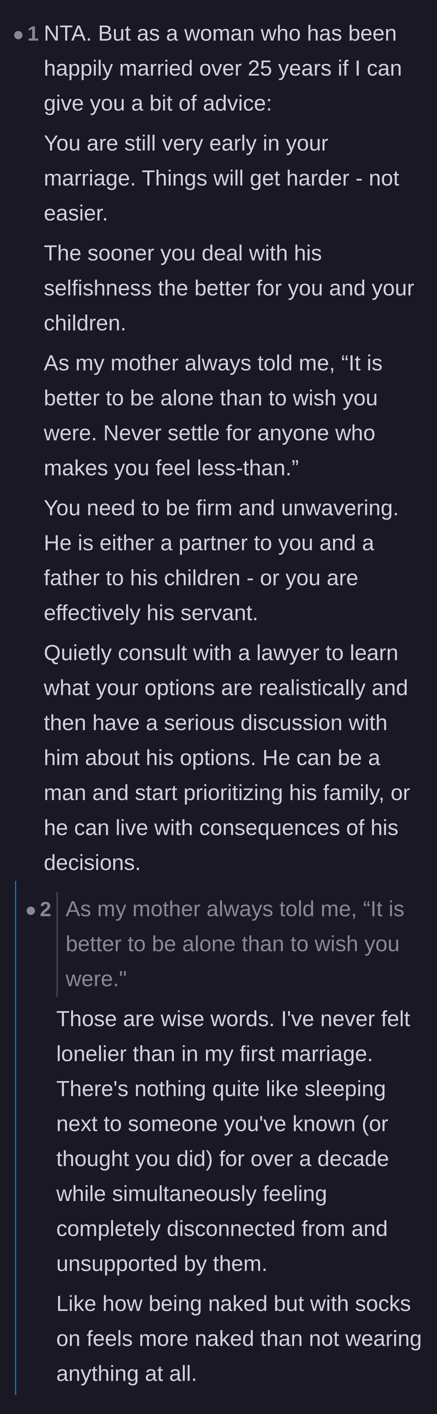 Comment thread 5 - A veteran wife giving heartfelt advice about not settling for a marriage that makes you feel profoundly lonely.