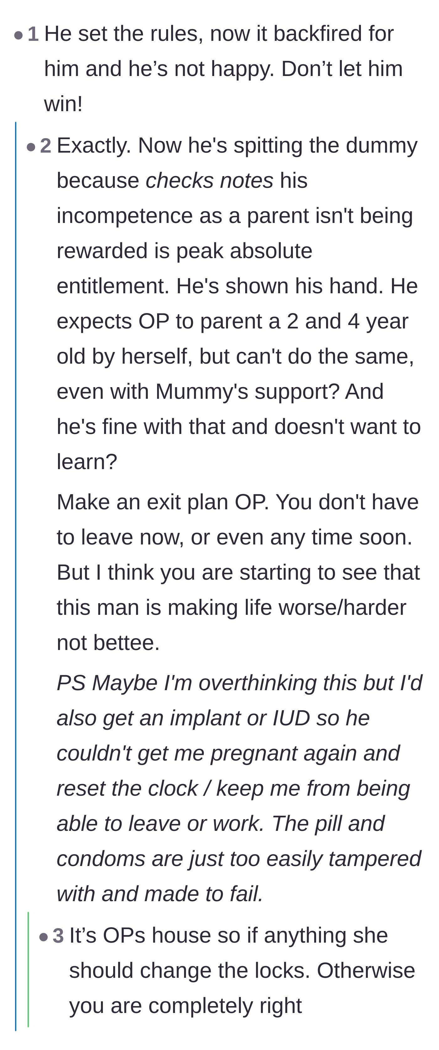 Comment thread 6 - Warnings for the wife to make an exit plan and secure her birth control against reproductive coercion.