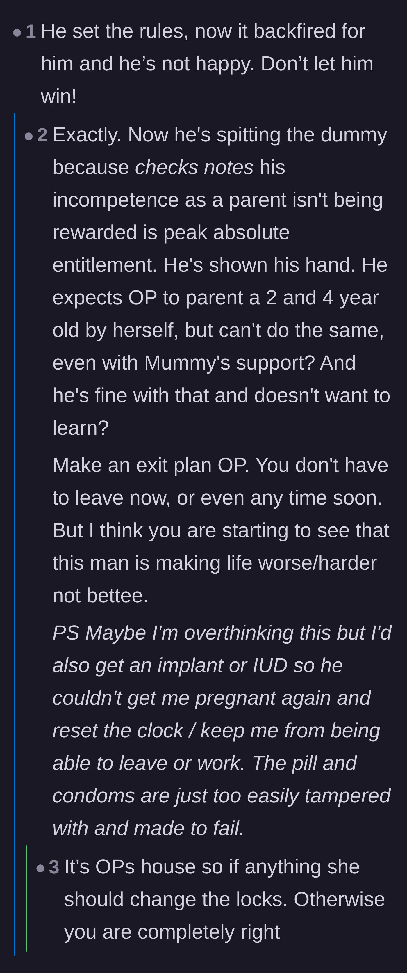 Comment thread 6 - Warnings for the wife to make an exit plan and secure her birth control against reproductive coercion.