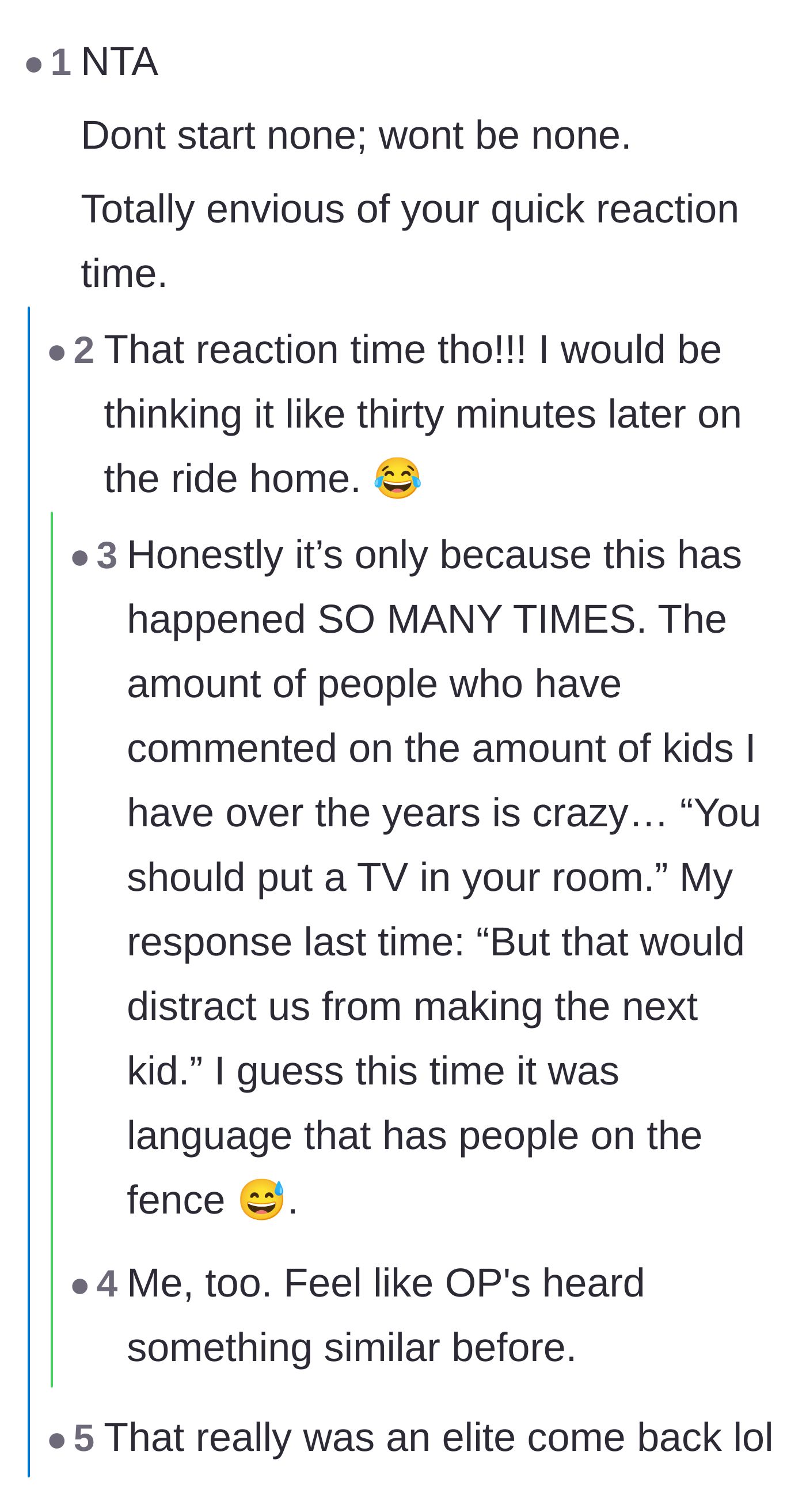Comment thread 2 - Users praise the mother's lightning-fast reaction time, and she admits it comes from years of fending off similar remarks.