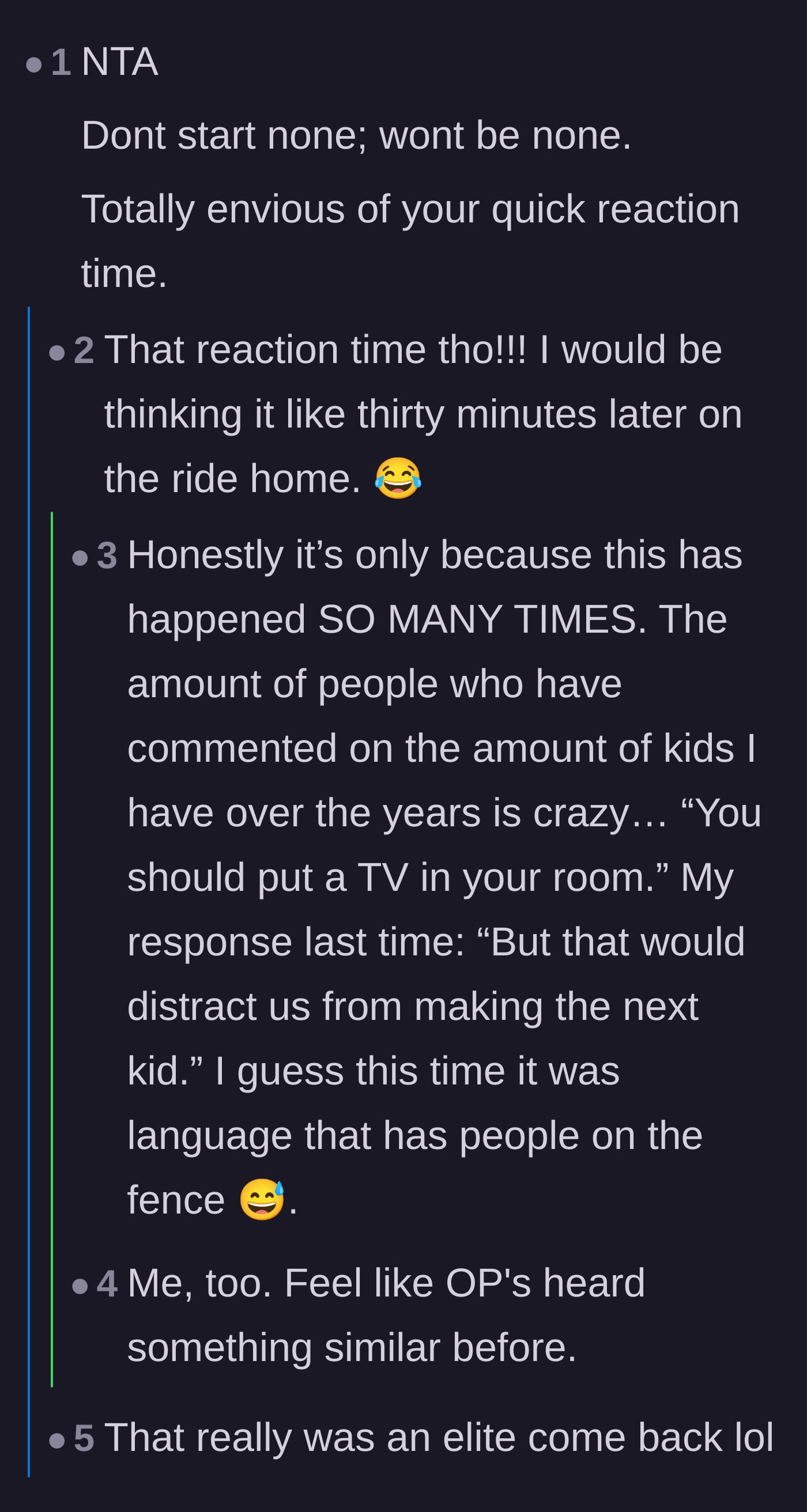 Comment thread 2 - Users praise the mother's lightning-fast reaction time, and she admits it comes from years of fending off similar remarks.