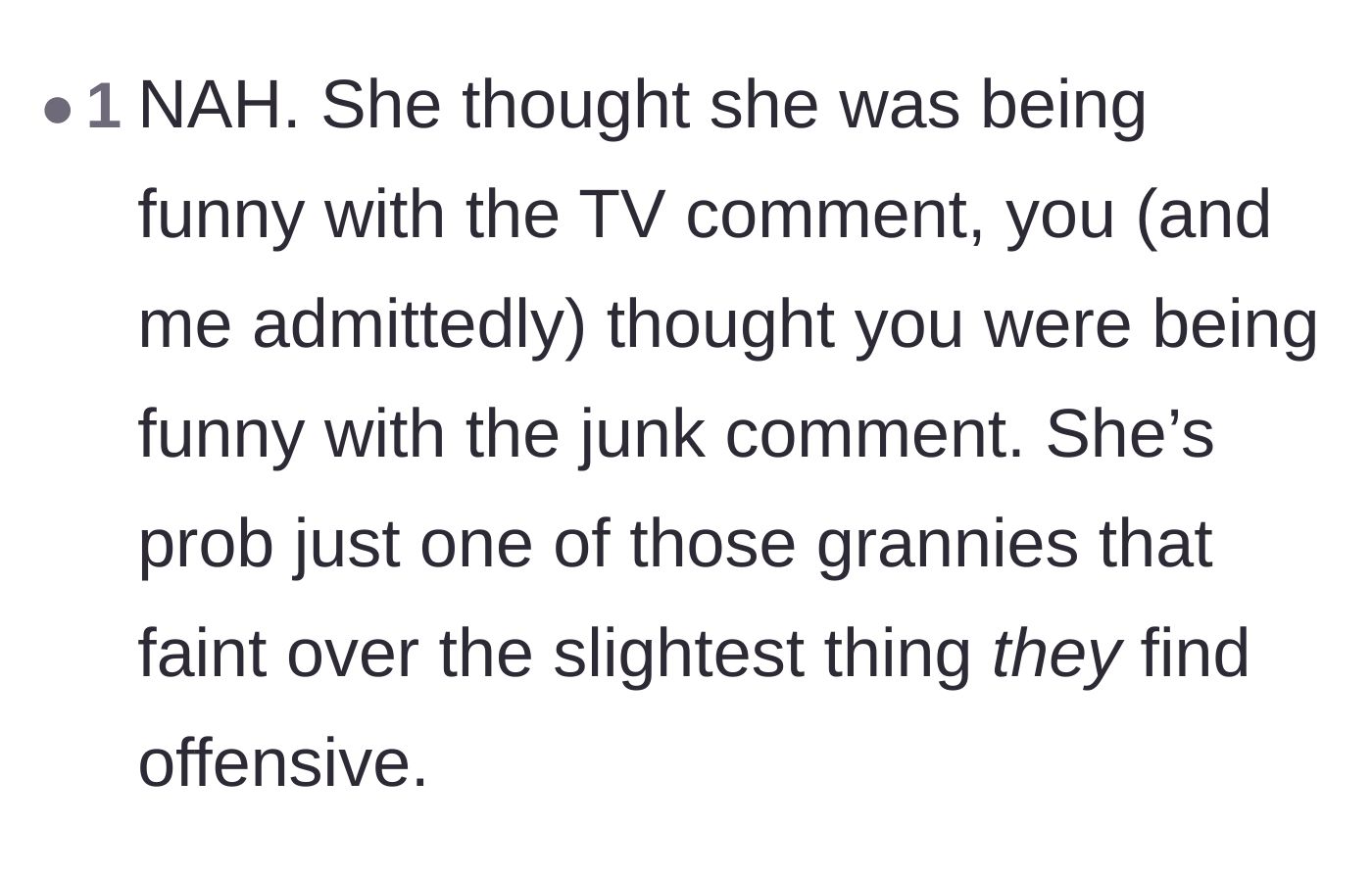Comment thread 5 - A user suggests both women were just trying to be funny, but the older woman couldn't handle the unexpectedly spicy response.