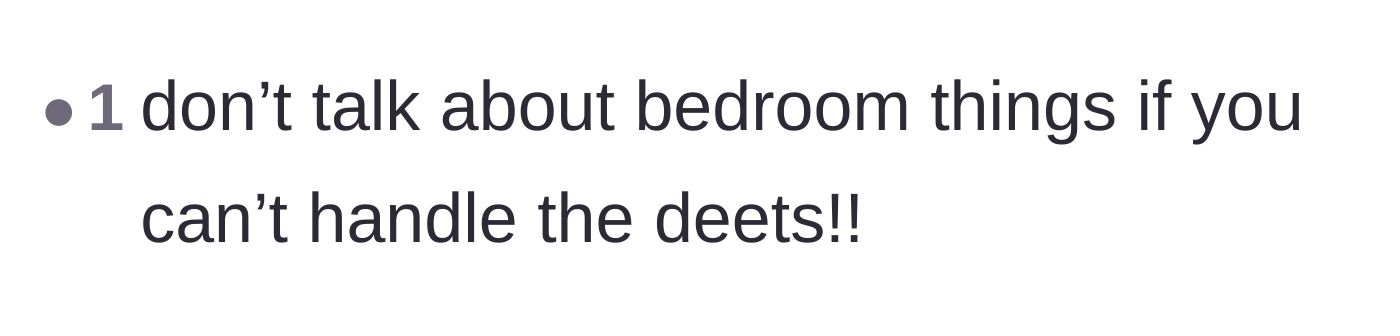 Comment thread 6 - A brief comment stating that people shouldn't bring up bedroom topics if they can't handle the explicit details.