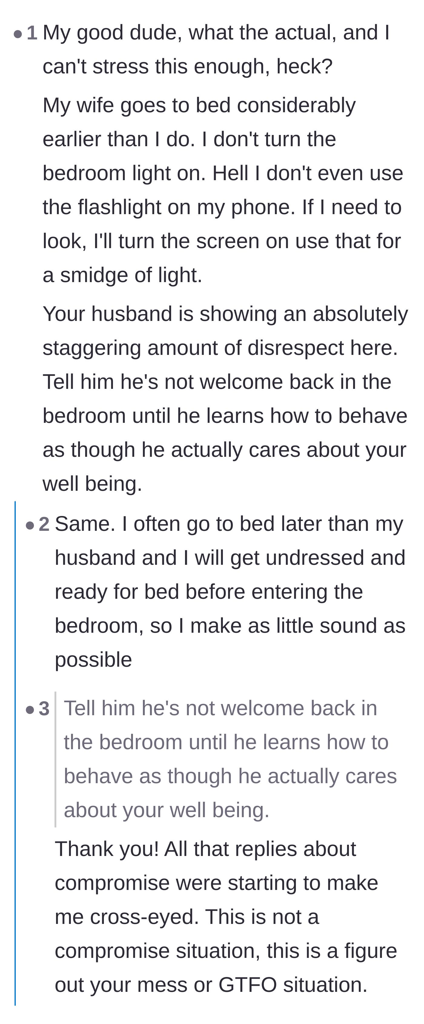Comment thread 1 - Night owls share their stealthy bedtime routines and heavily criticize the husband's blatant lack of respect.