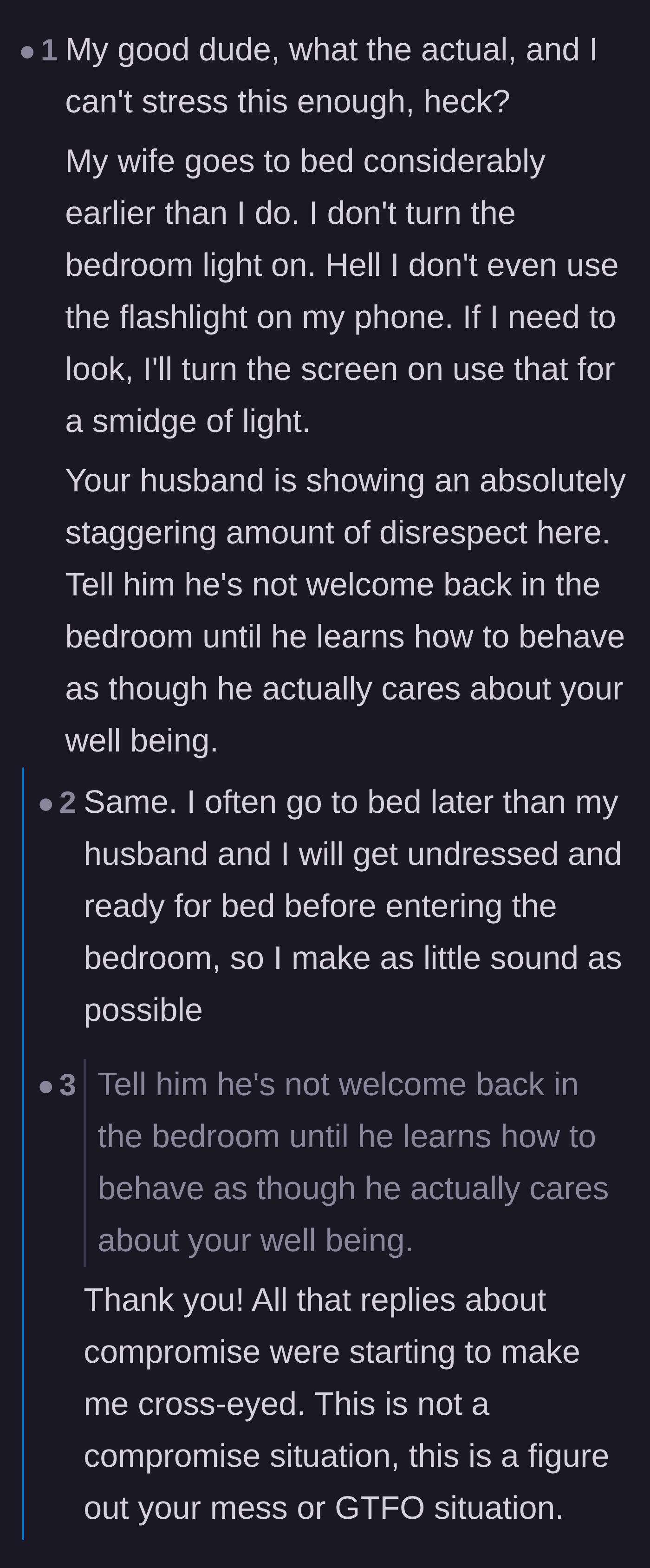 Comment thread 1 - Night owls share their stealthy bedtime routines and heavily criticize the husband's blatant lack of respect.