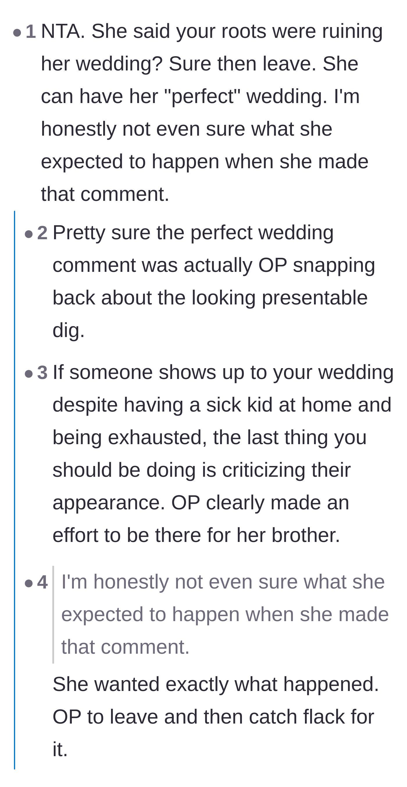 Comment thread discussing how the bride purposely pushed the author to leave so she could play the victim.