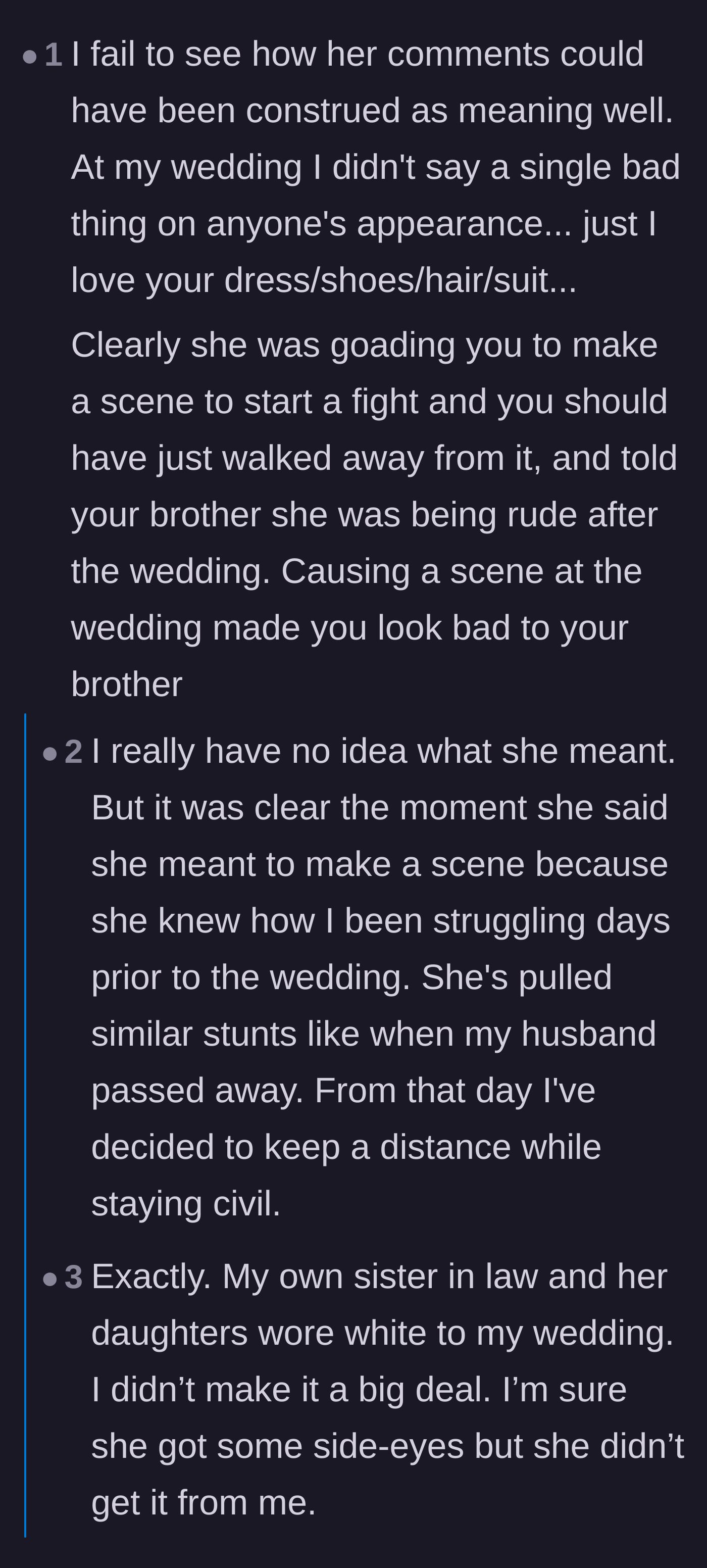 Comment thread reacting to the shocking revelation that the bride pulled similar stunts when the author's husband died.