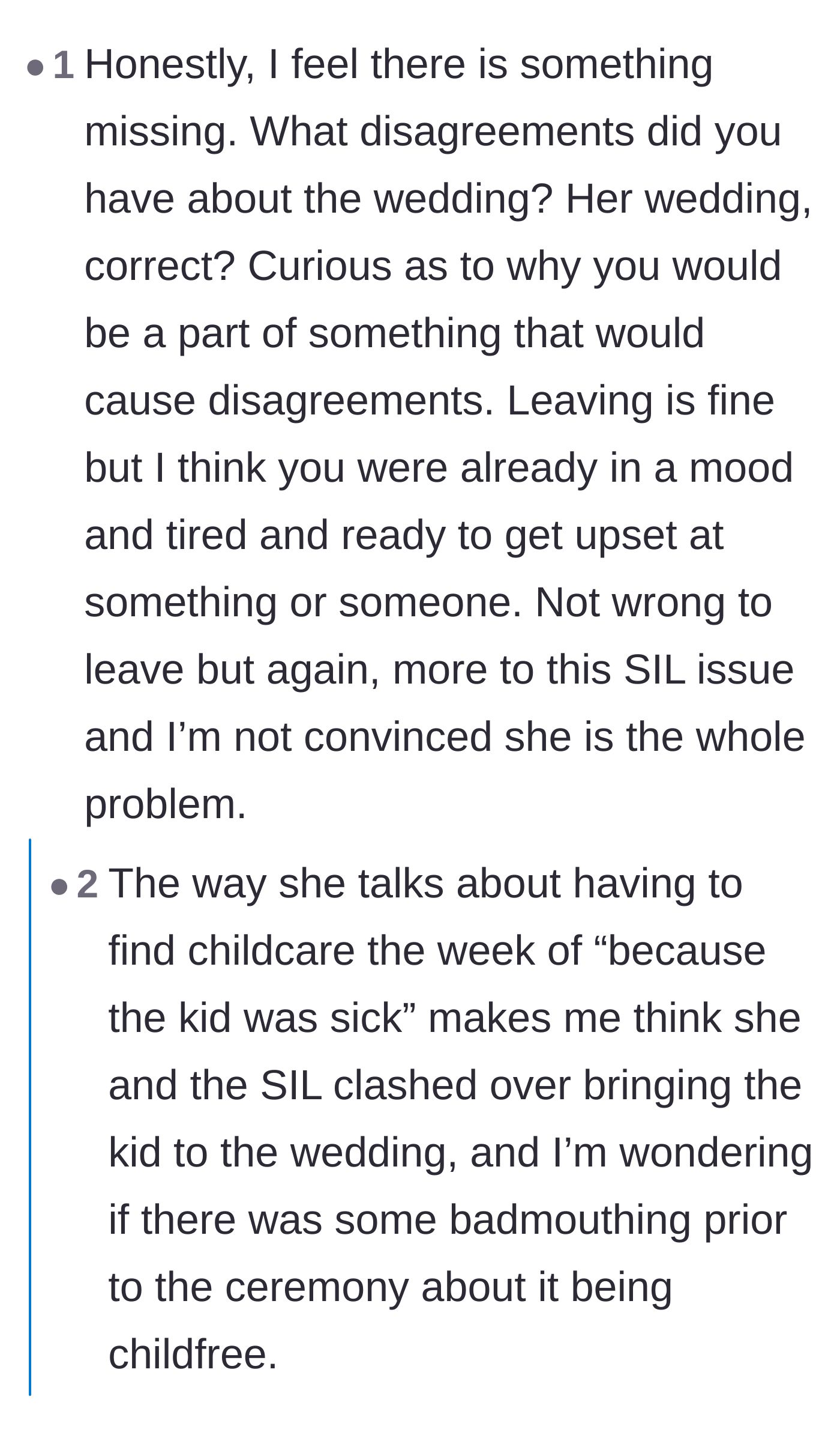 Comment thread questioning if there is missing backstory about the child-free wedding rules and past arguments.