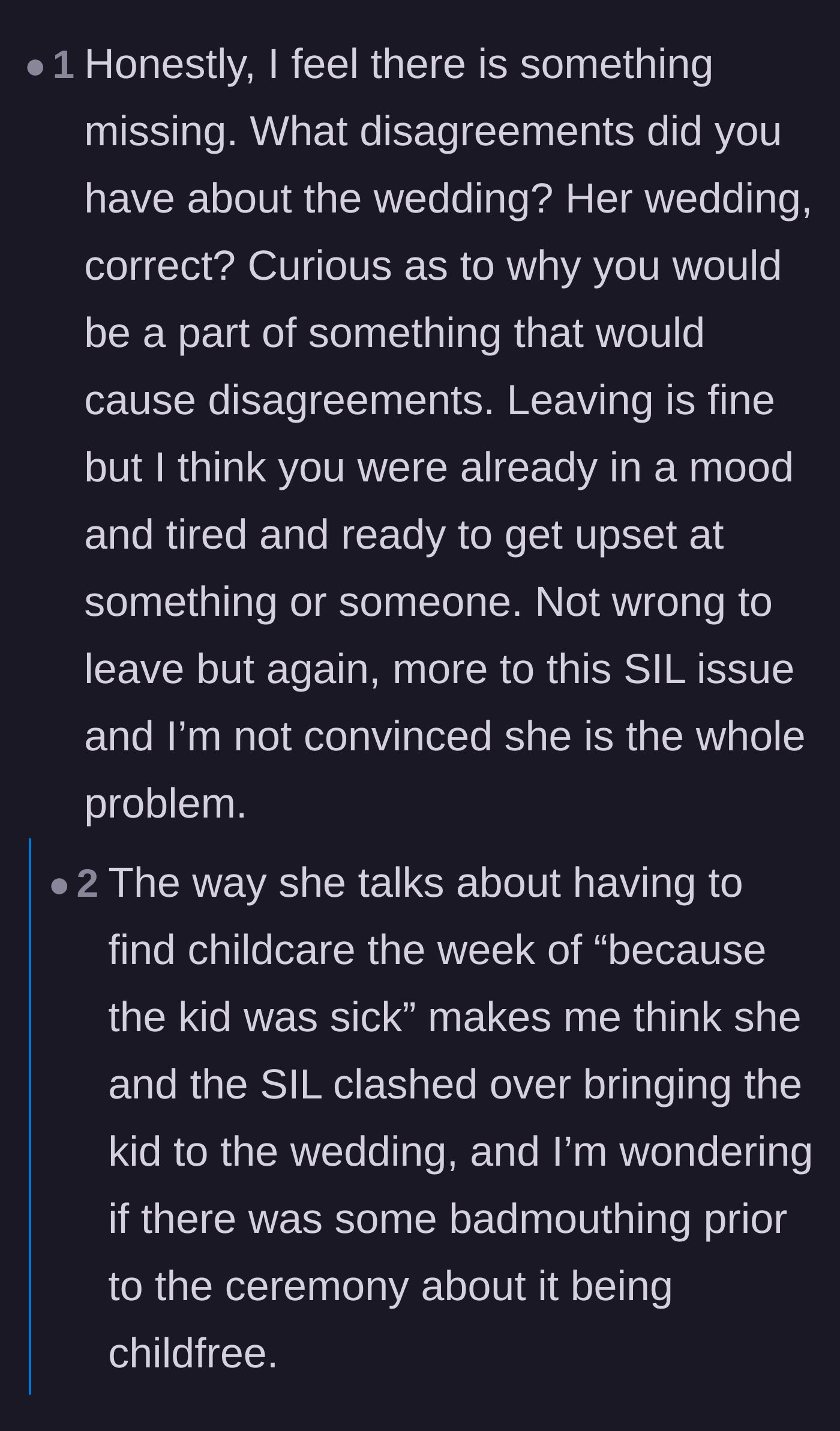 Comment thread questioning if there is missing backstory about the child-free wedding rules and past arguments.