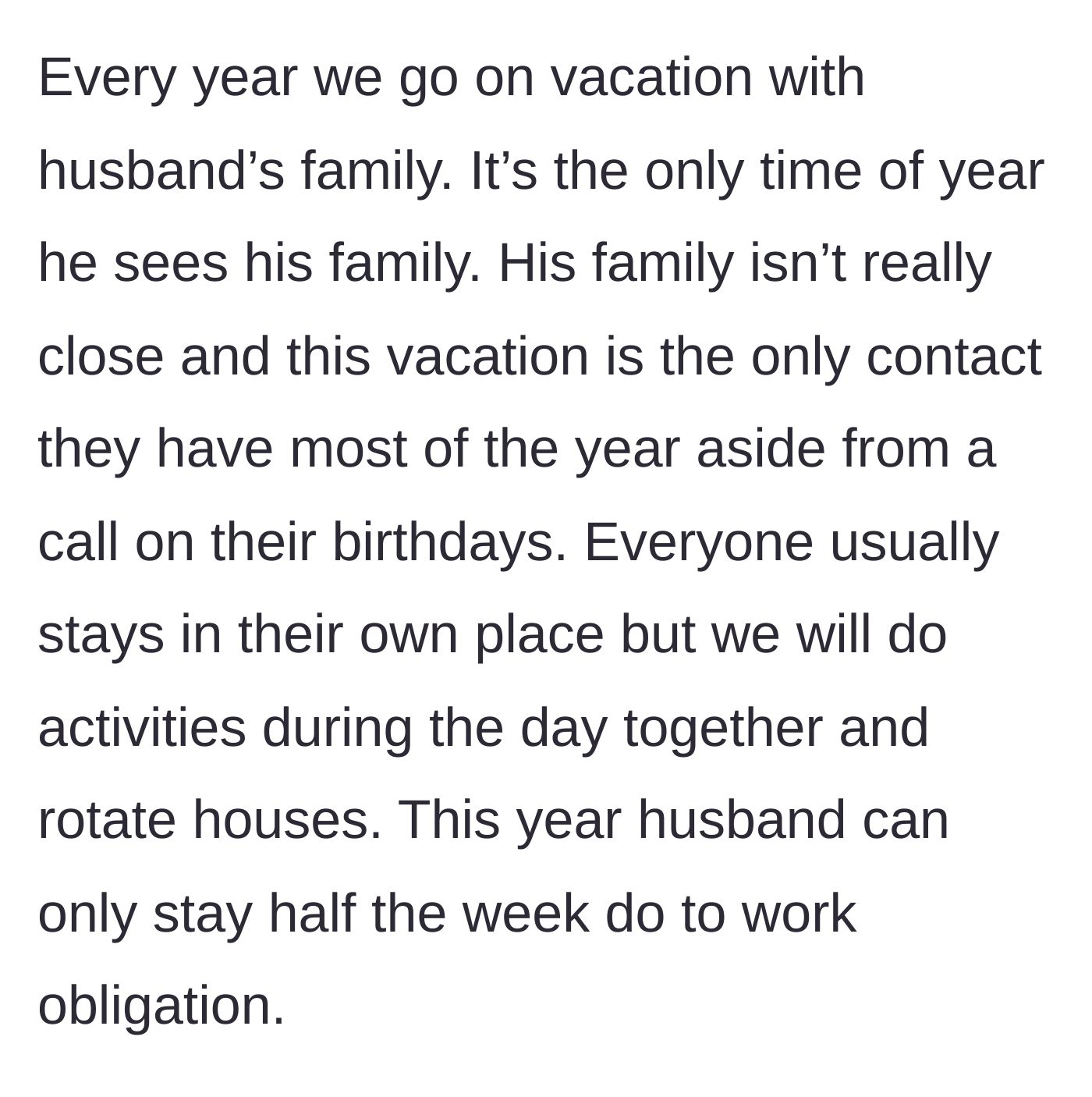 Story part 1 - A family arriving at a shared vacation rental with extended relatives.